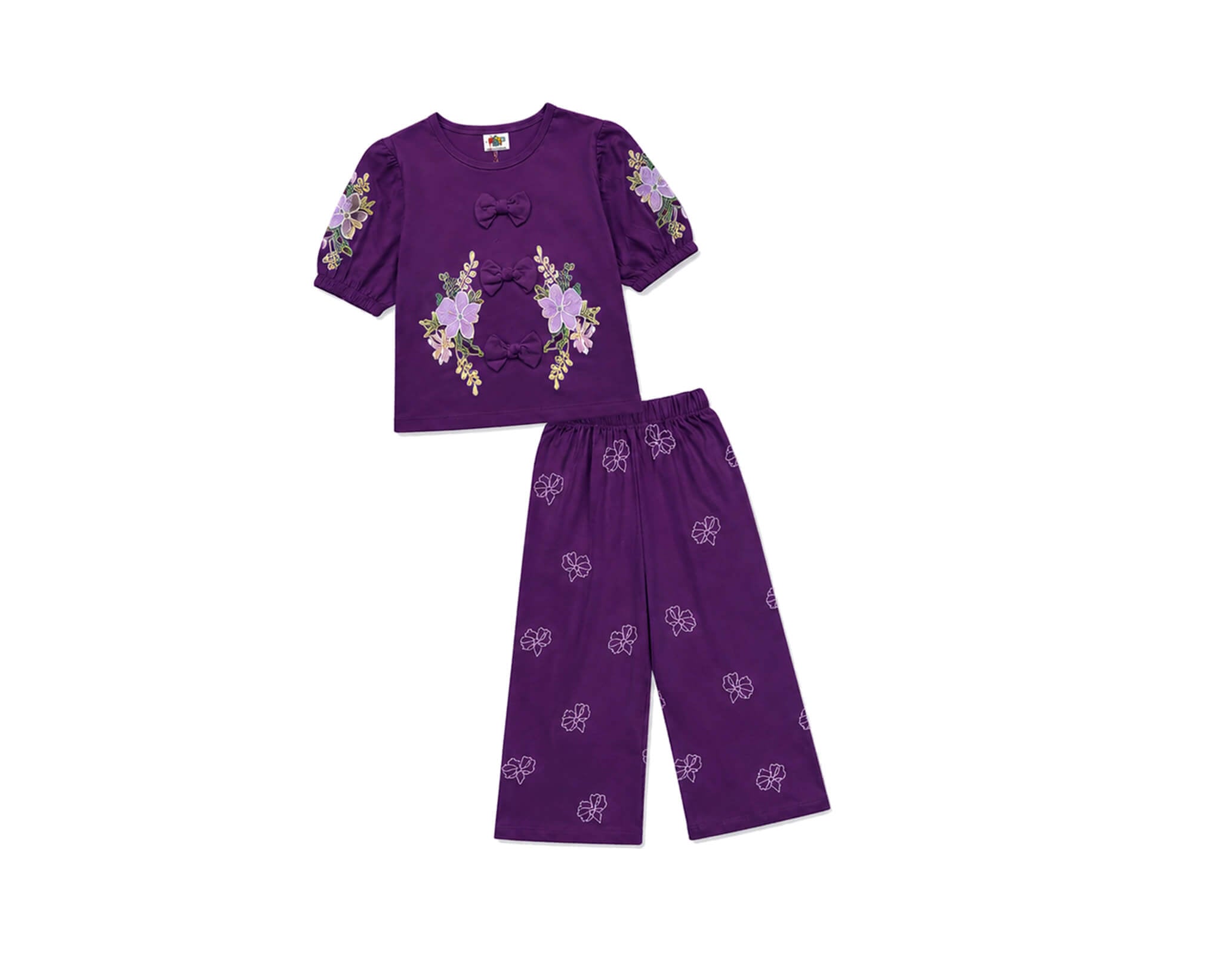 Flowers Printed Sleeve With Cute Bow Top & Trouser - Dark Purple-1