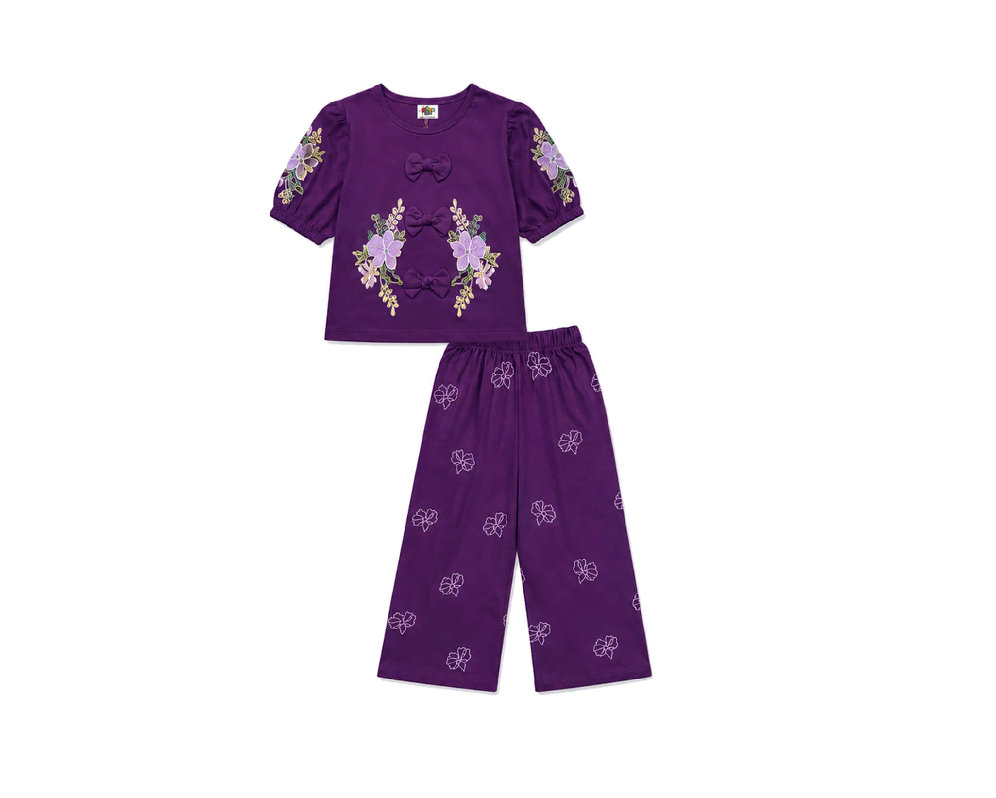 Flowers Printed Sleeve With Cute Bow Top & Trouser - Dark Purple