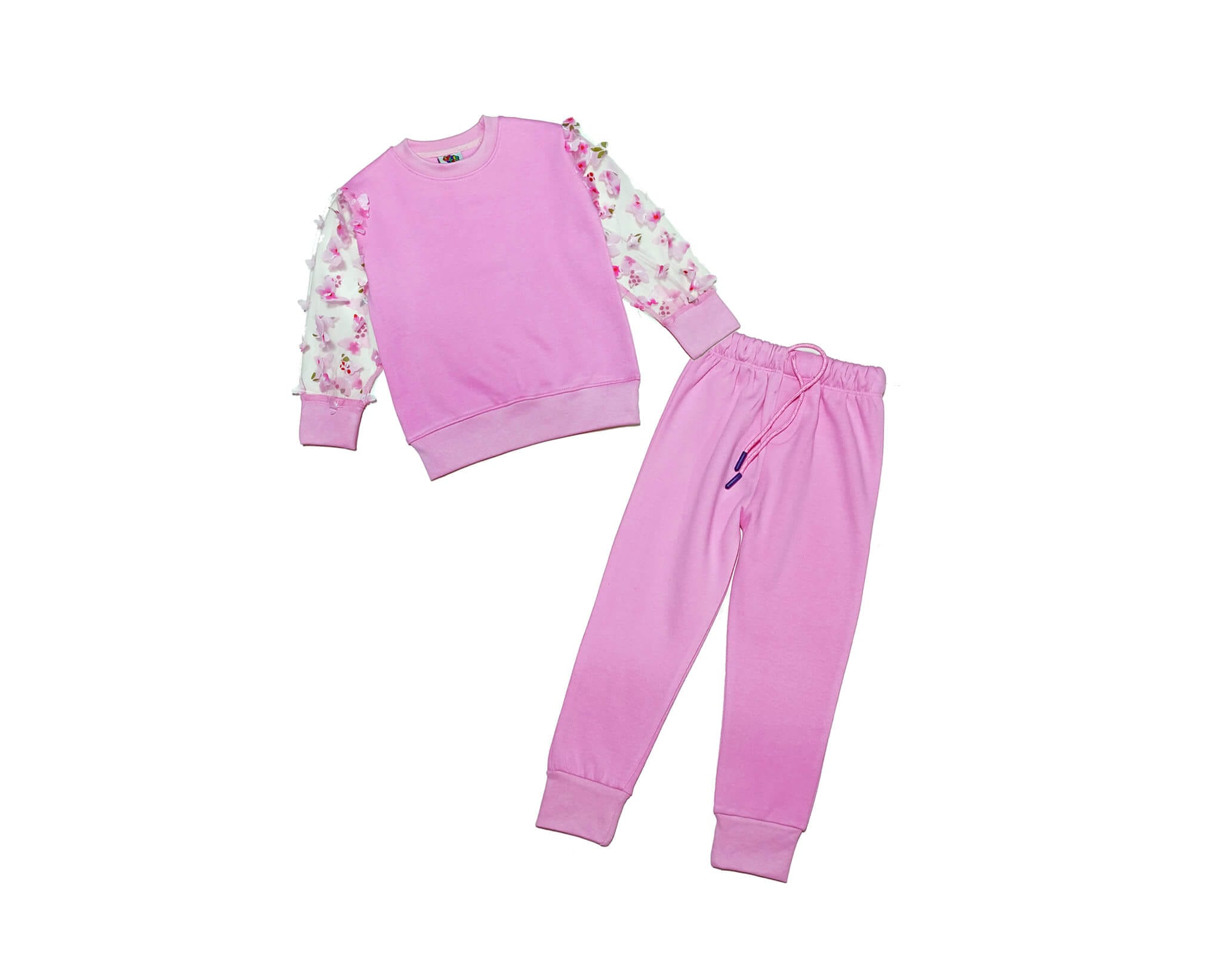 Flying 3D Butterflies Net Sleeves Fleece Tracksuit - Pink