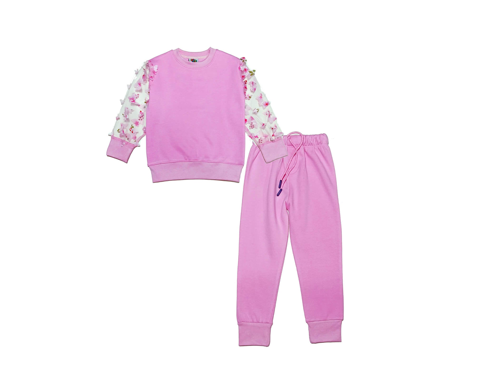 Flying 3D Butterflies Net Sleeves Fleece Tracksuit - Pink