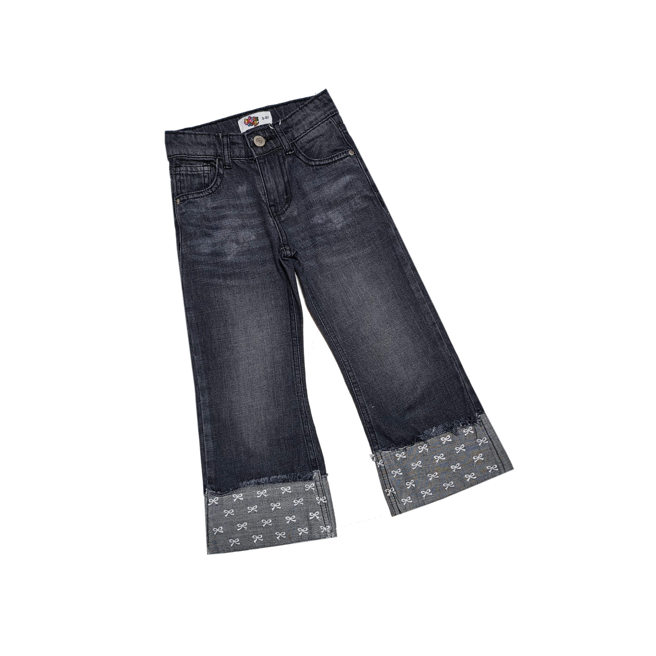 Folding Bottom White Bows wide Leg Denim Pant -Charcoal