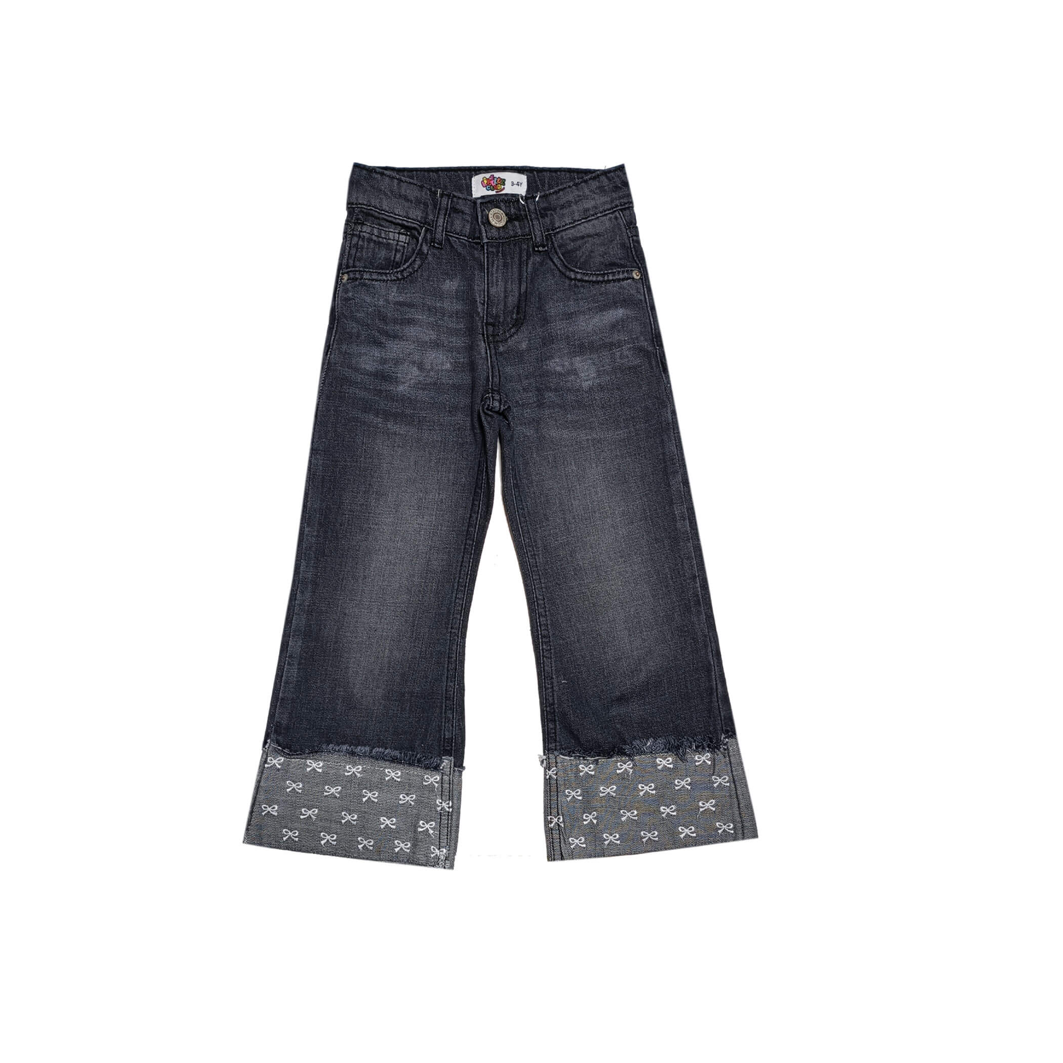 Folding Bottom White Bows wide Leg Denim Pant -Charcoal