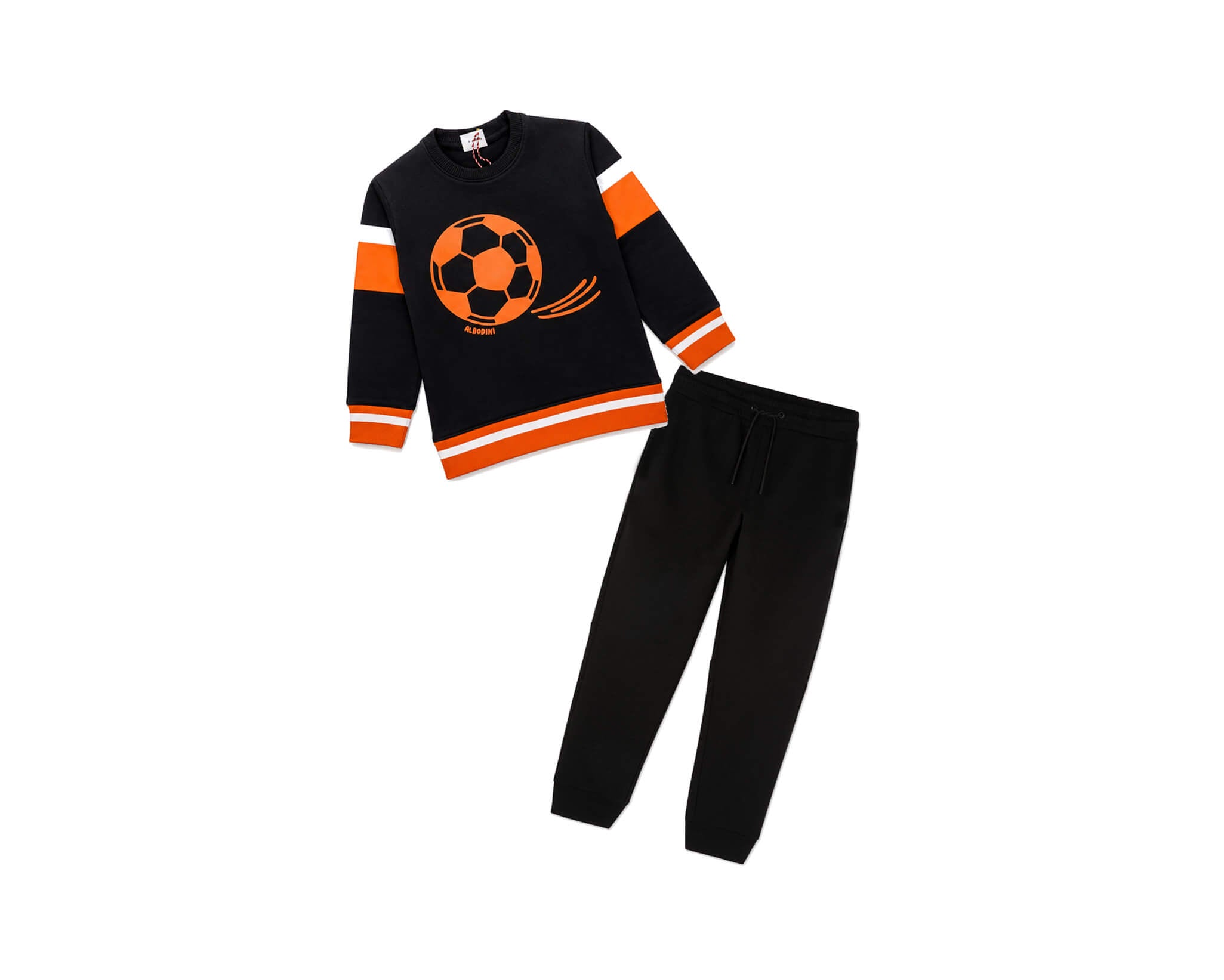 Football Printed Striped Sleeves Fleece Tracksuit - Black & Orange-1