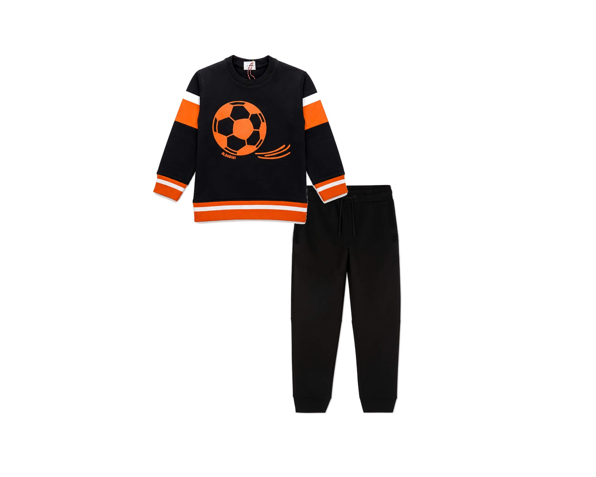 Football Printed Striped Sleeves Fleece Tracksuit - Black & Orange