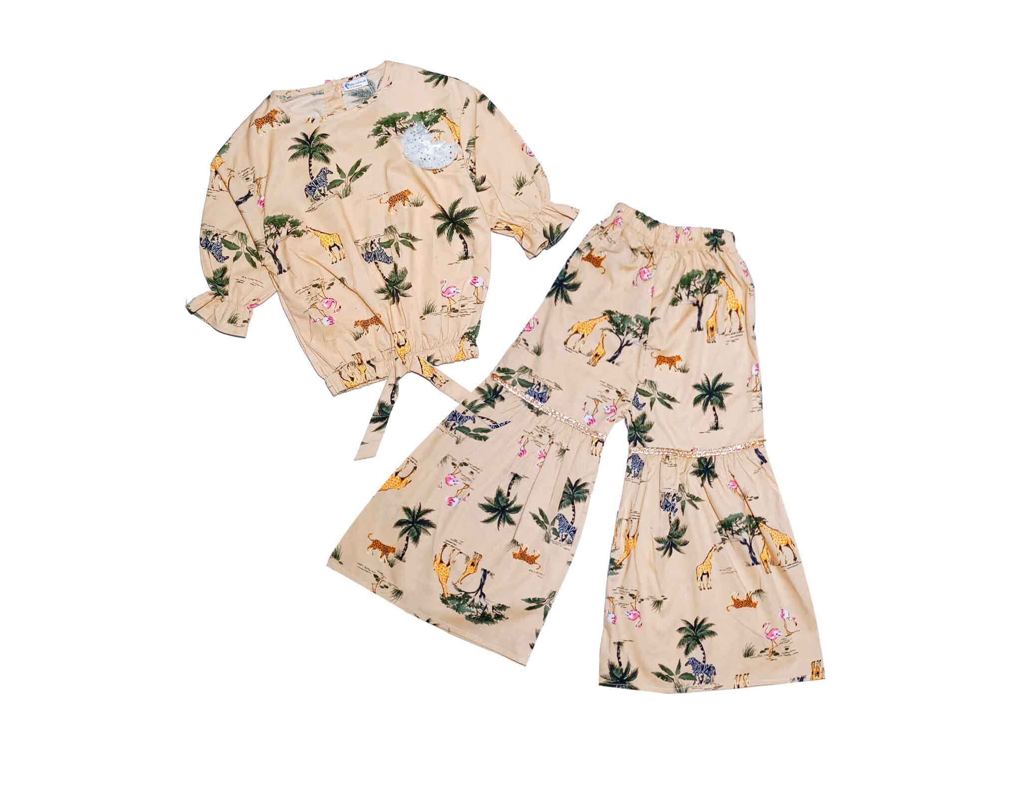 Forest Life Cotton Short Top with Gharrara - Camel