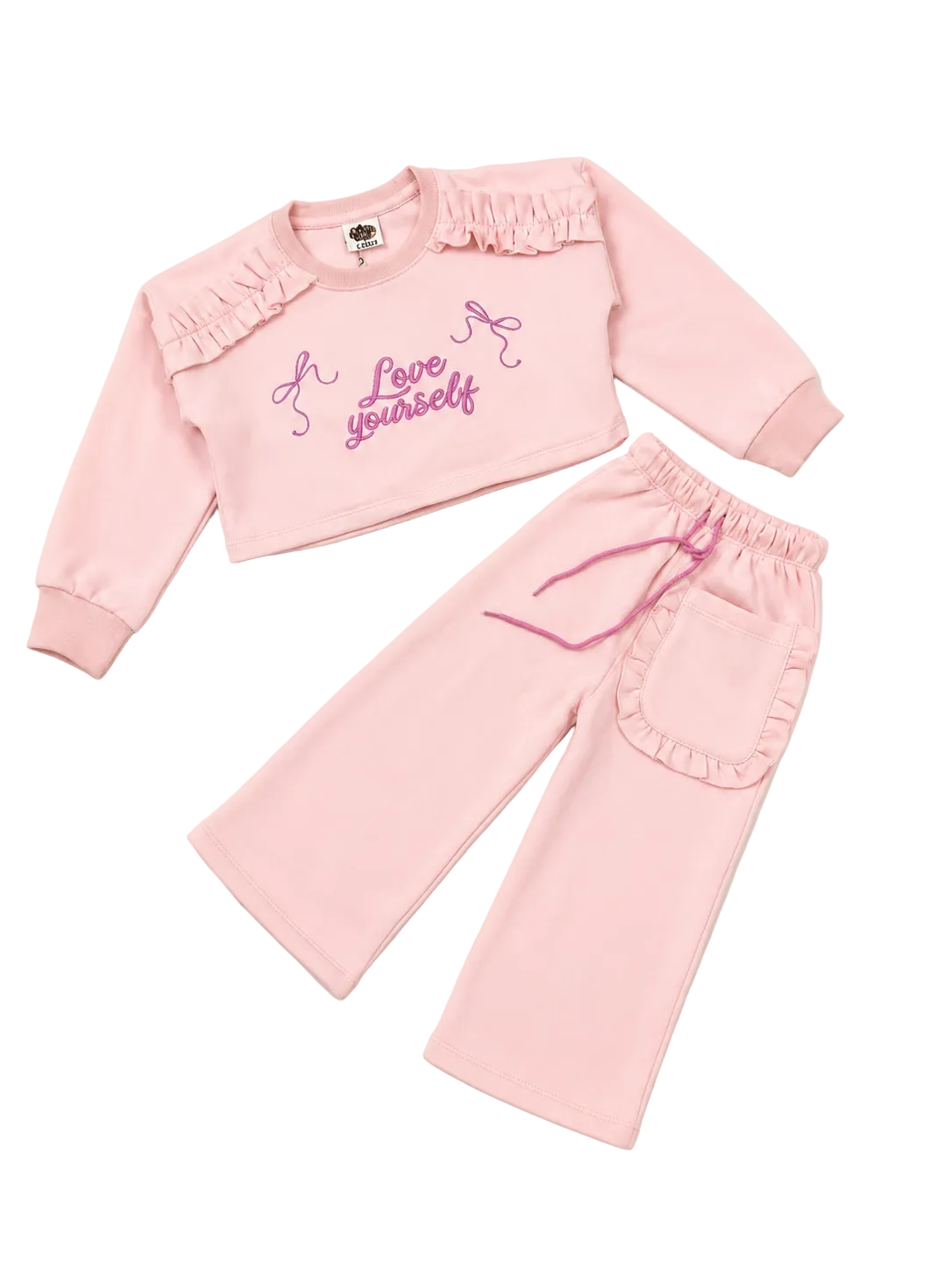 Frilled Shoulder & Frilled Front Pocket Trouser Fleece Tracksuit - Light Pink-1