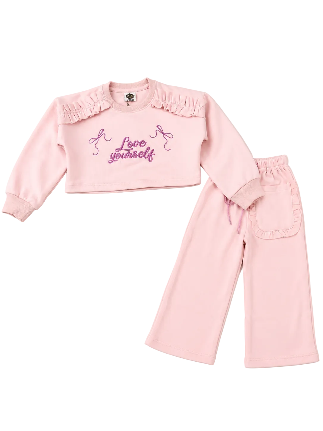 Frilled Shoulder & Frilled Front Pocket Trouser Fleece Tracksuit - Light Pink