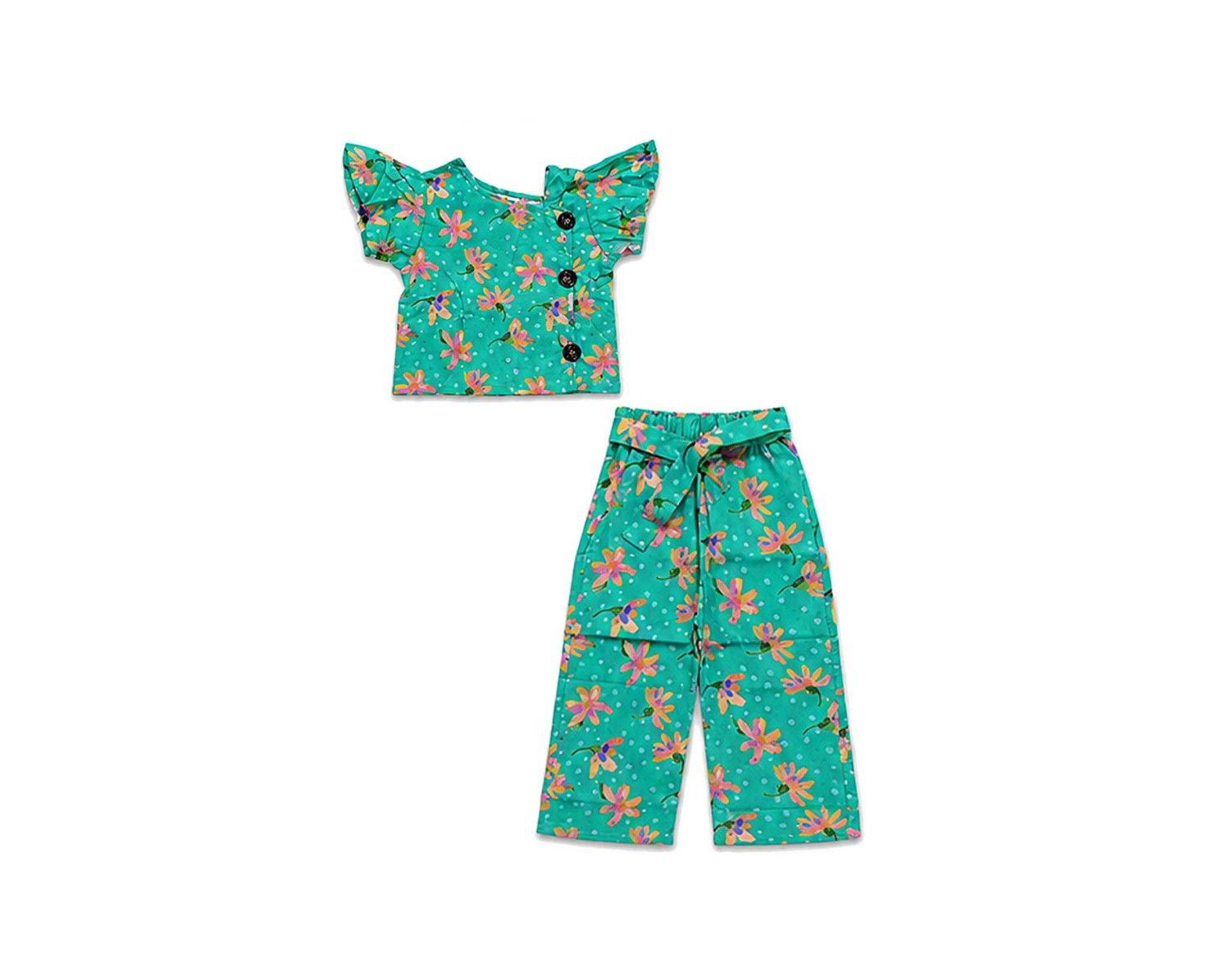 Frilled Sleeves With Stylish Neck Top & Flapper Trouser - Green
