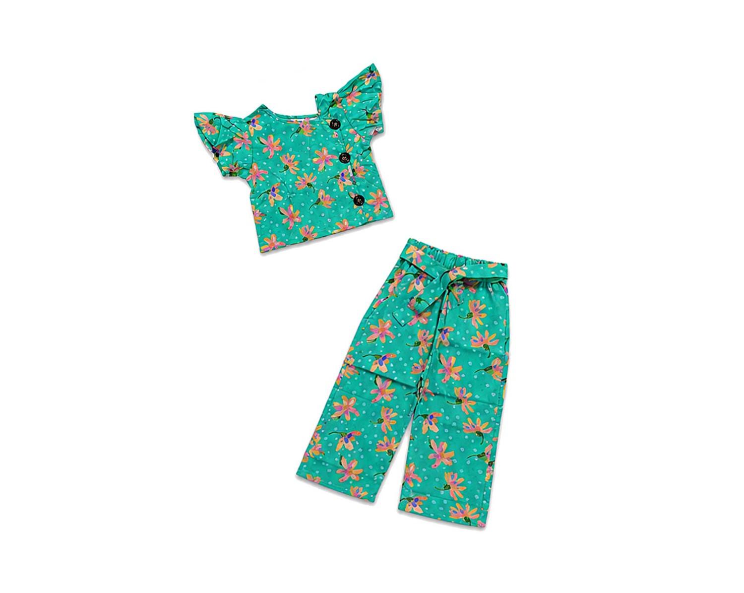 Frilled Sleeves With Stylish Neck Top & Flapper Trouser - Green1
