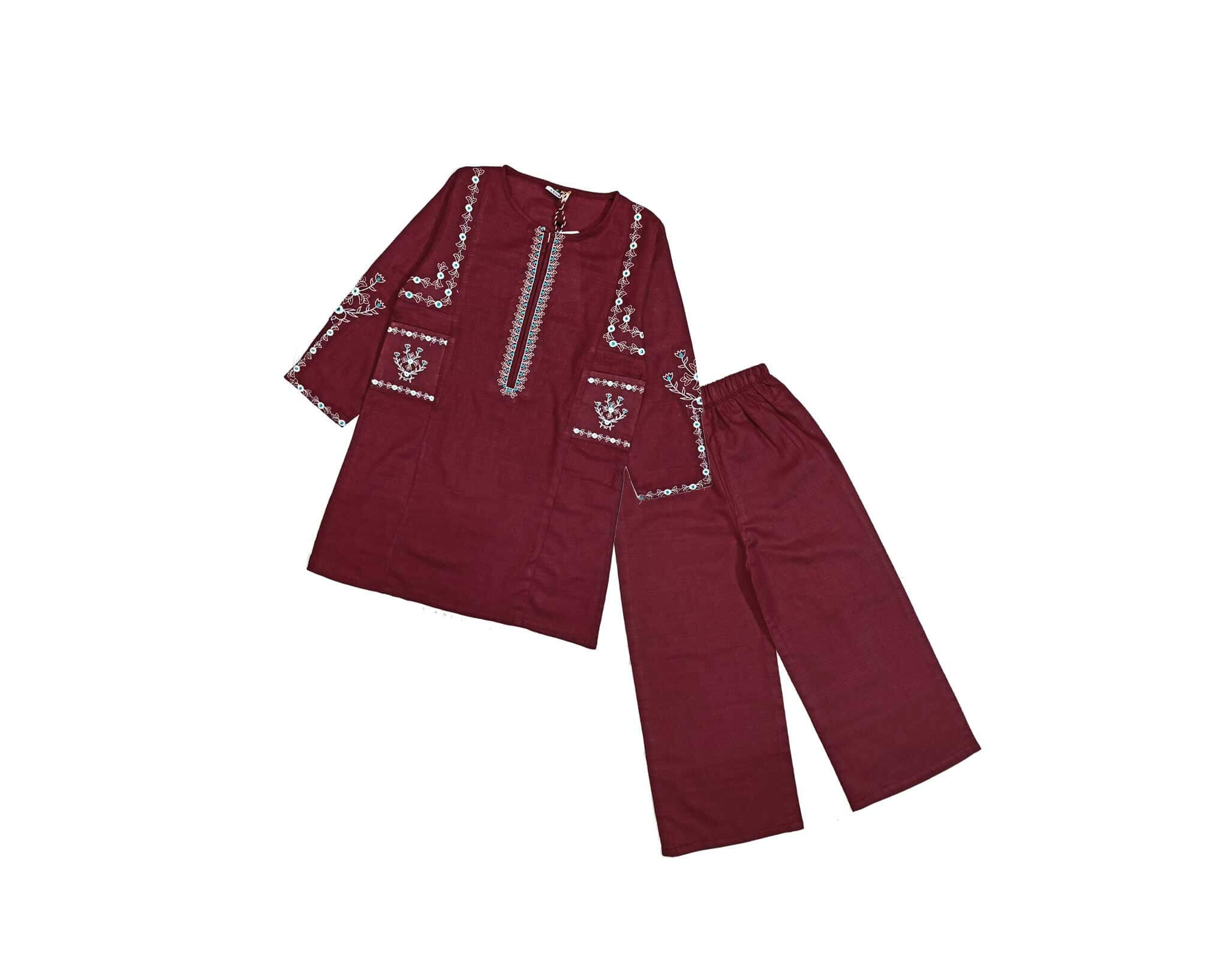 Front Pockets Graceful Sequins &amp; Embroidery Khaddar Kurta &amp; Trouser – Maroon