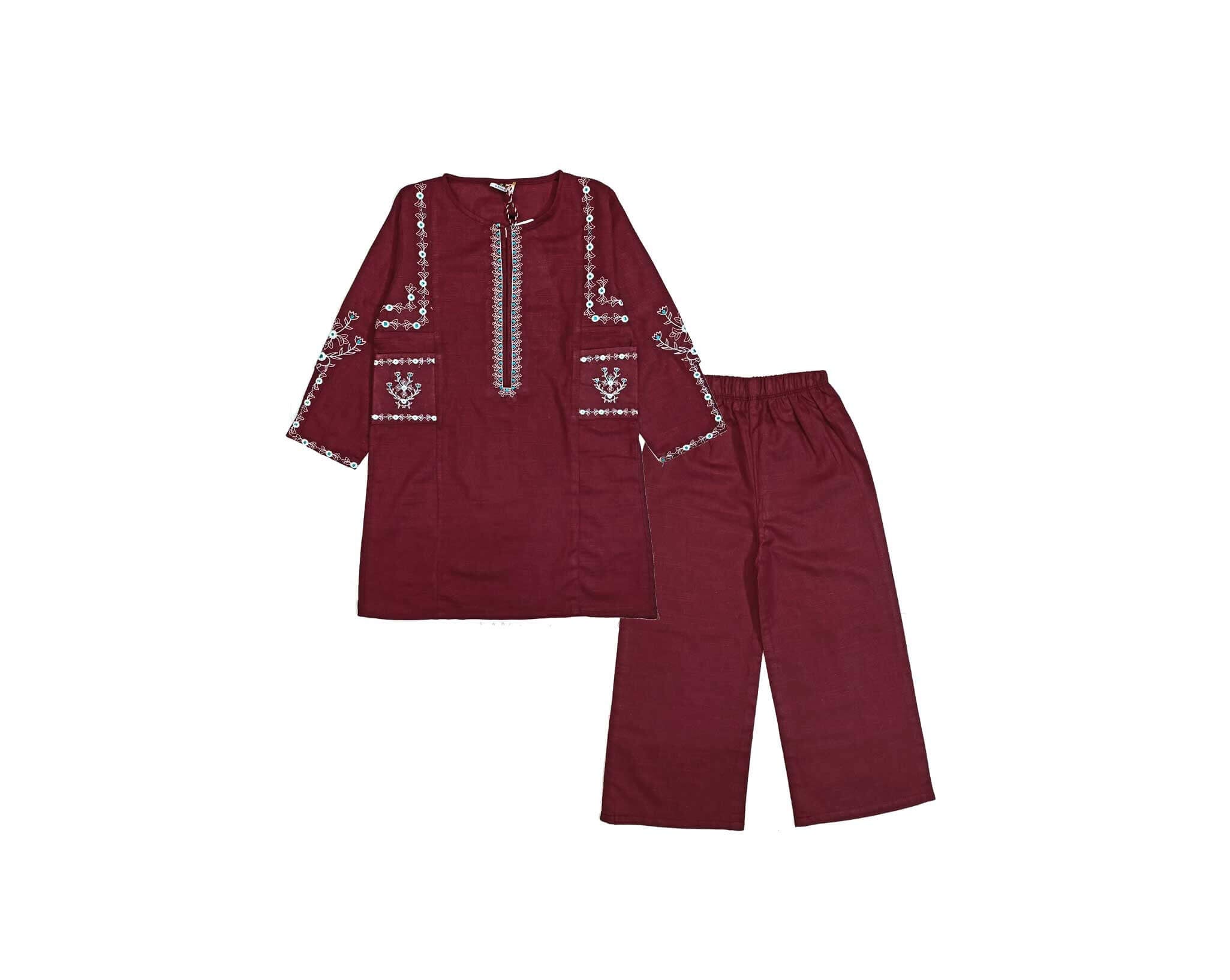 Front Pockets Graceful Sequins &amp; Embroidery Khaddar Kurta &amp; Trouser – Maroon