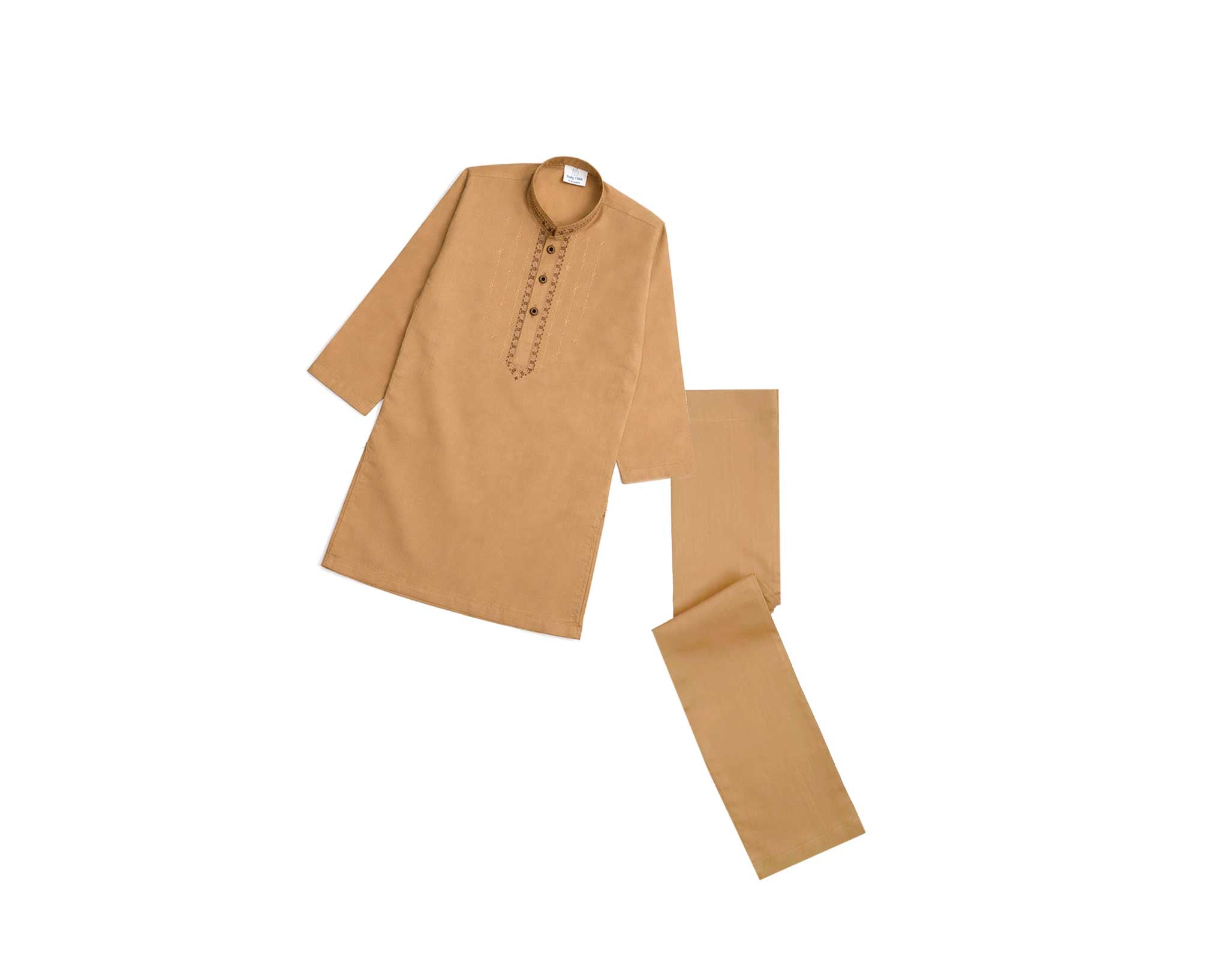 Front Stylish Embroidery Cotton Kurta &amp; Trouser Set – Camel
