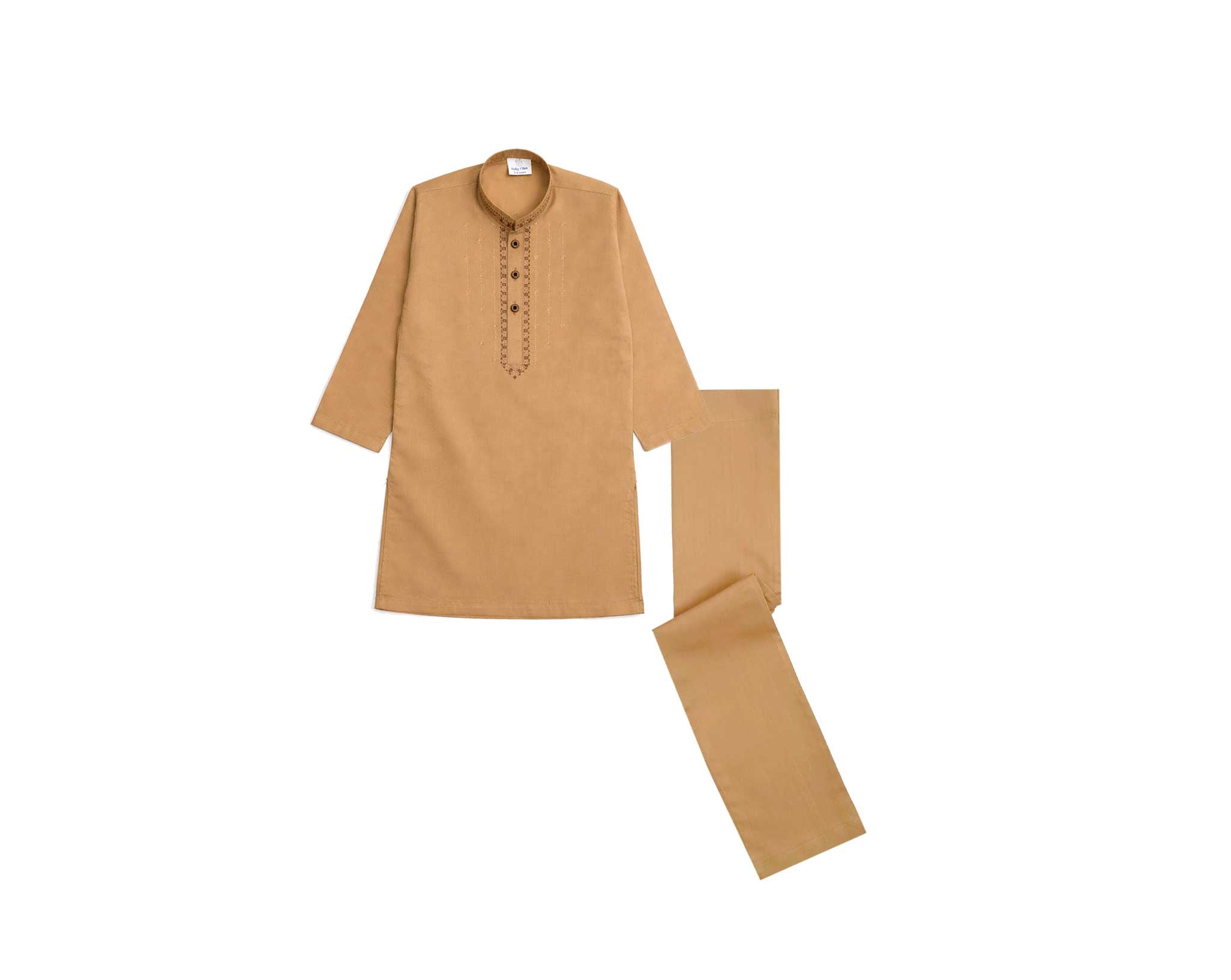Front Stylish Embroidery Cotton Kurta &amp; Trouser Set – Camel