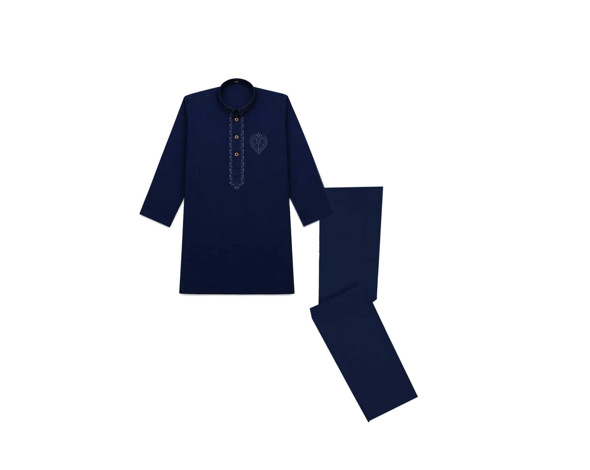 Front Embroidered Batch Cotton Kurta & Trouser Set – Navy Blue