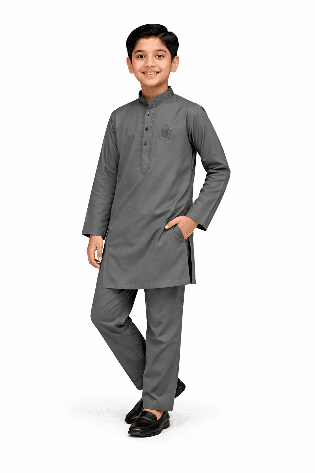 Front Batch Embroidered Cotton Kurta & Trouser Set – Gray
