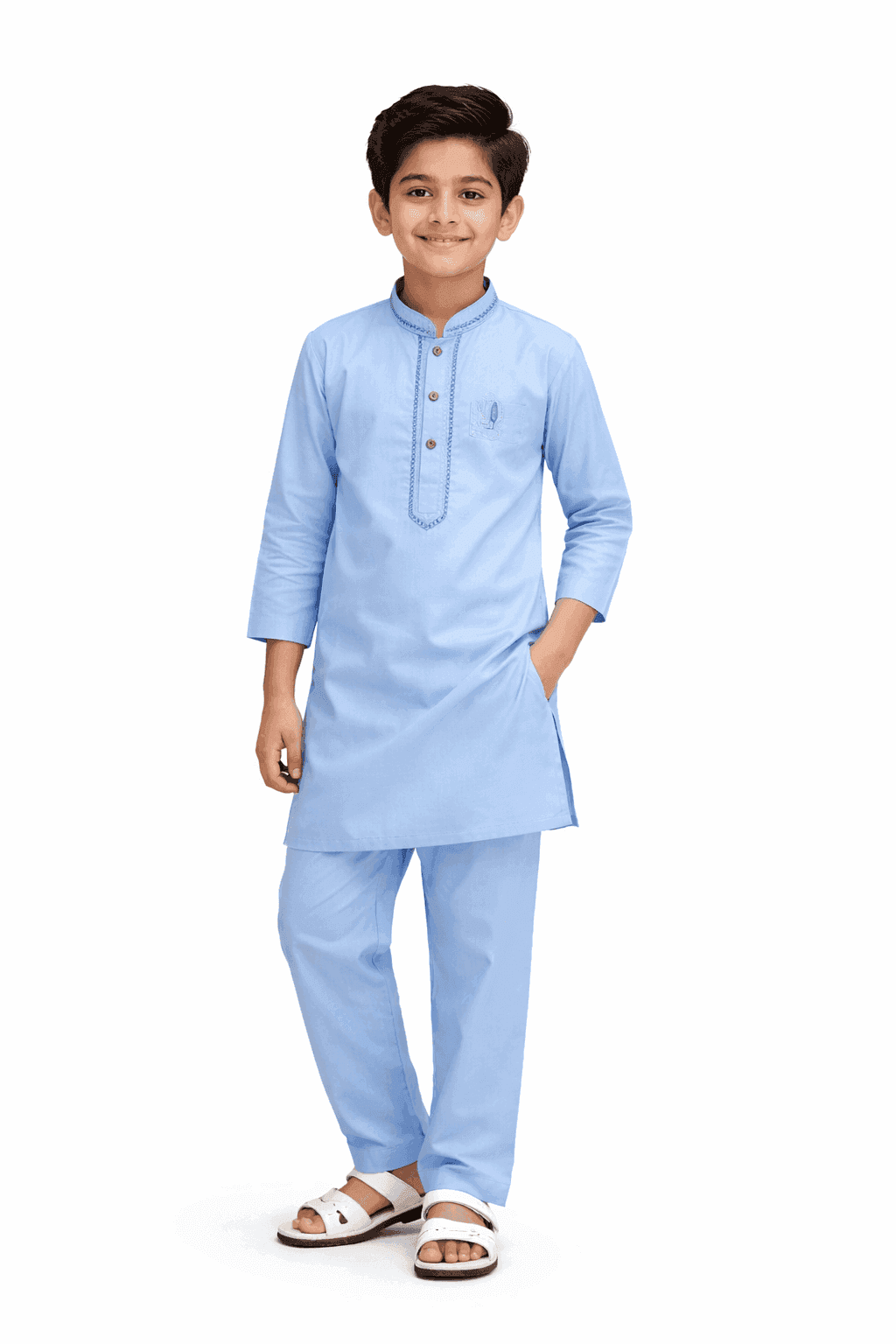 Front Embroidered Batch Cotton Kurta & Trouser Set – Sky Blue