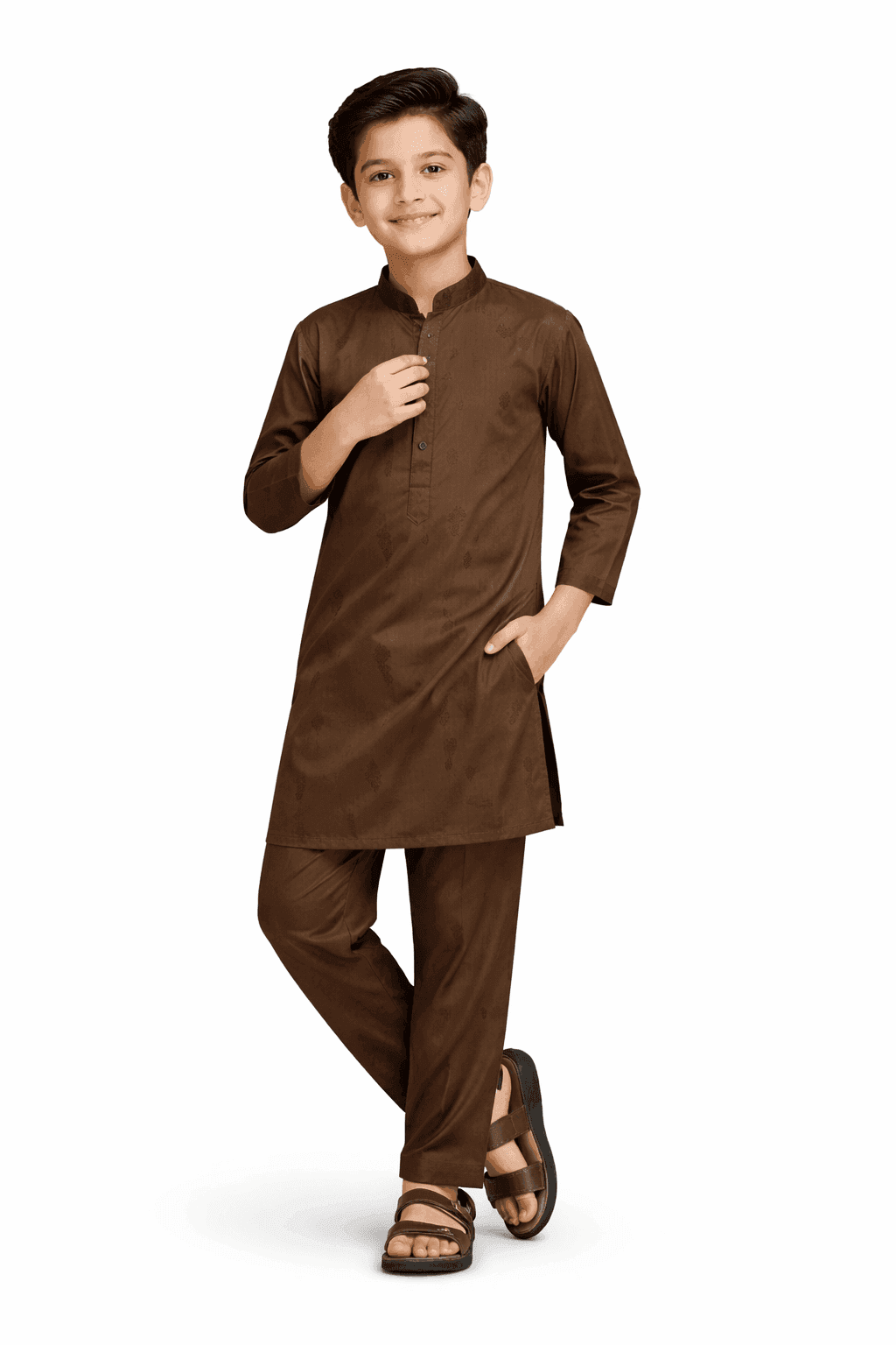 Front Full Embroidered Cotton Kurta & Trouser Set – Brown