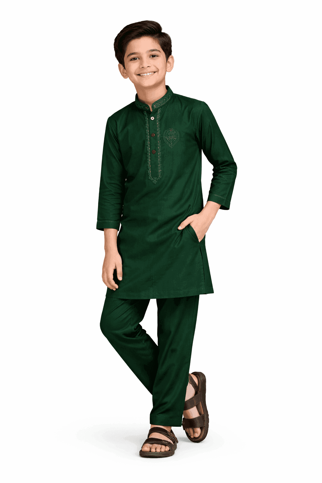 Front Olive Green Embroidered Cotton Kurta & Trouser Set – Olive Green