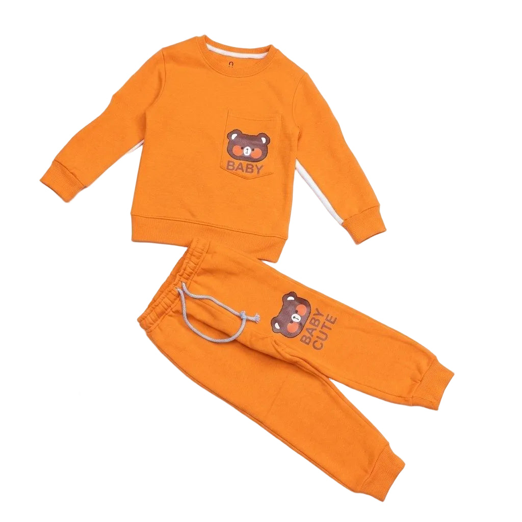 Front Pocket Bear Printed Fleece Tracksuit - Orange