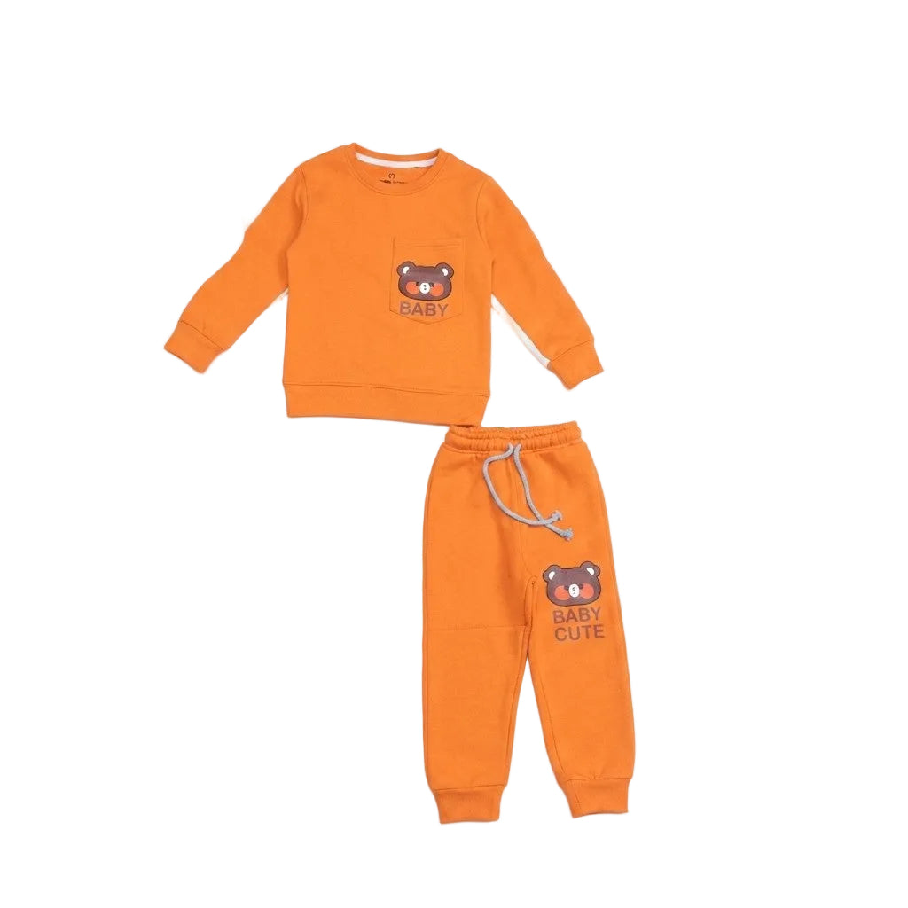 Front Pocket Bear Printed Fleece Tracksuit - Orange