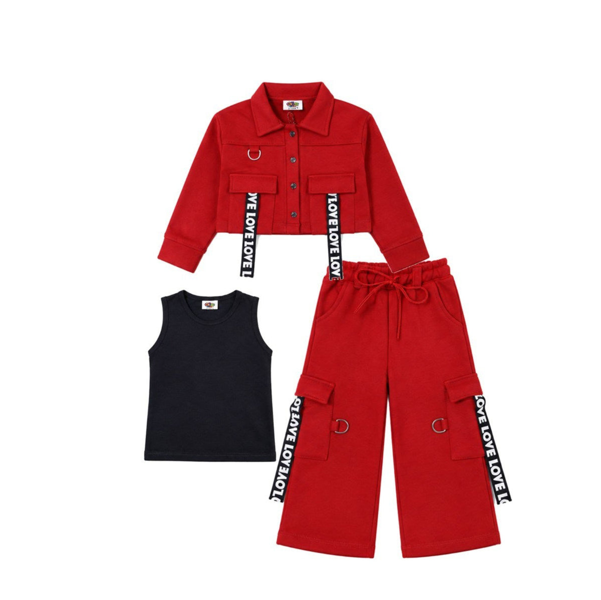 Front Pocket Full Fashion Coat Sleeveless Inner & Baggy Trouser - Red & Black