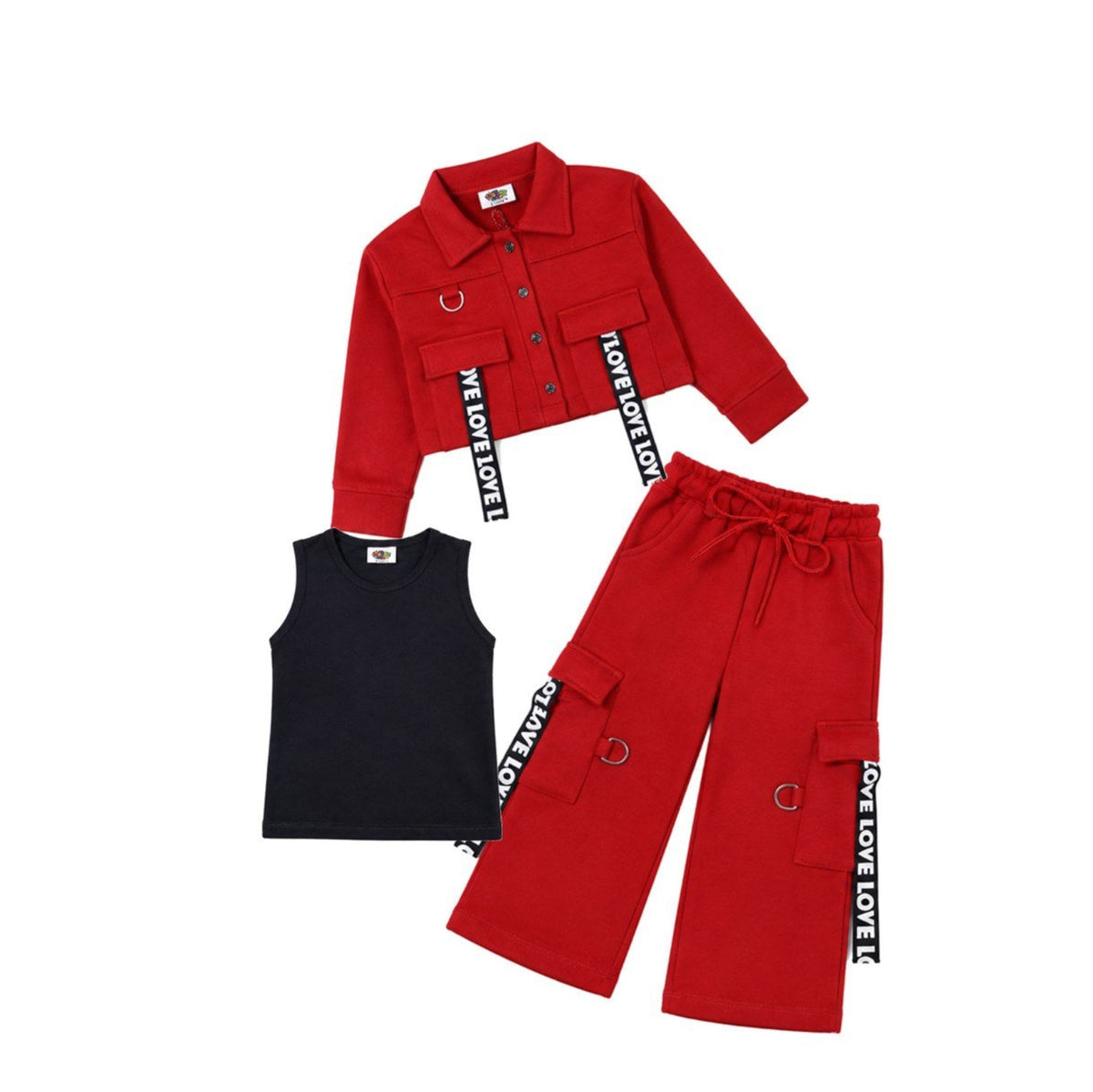 Front Pocket Full Fashion Coat Sleeveless Inner & Baggy Trouser - Red & Black