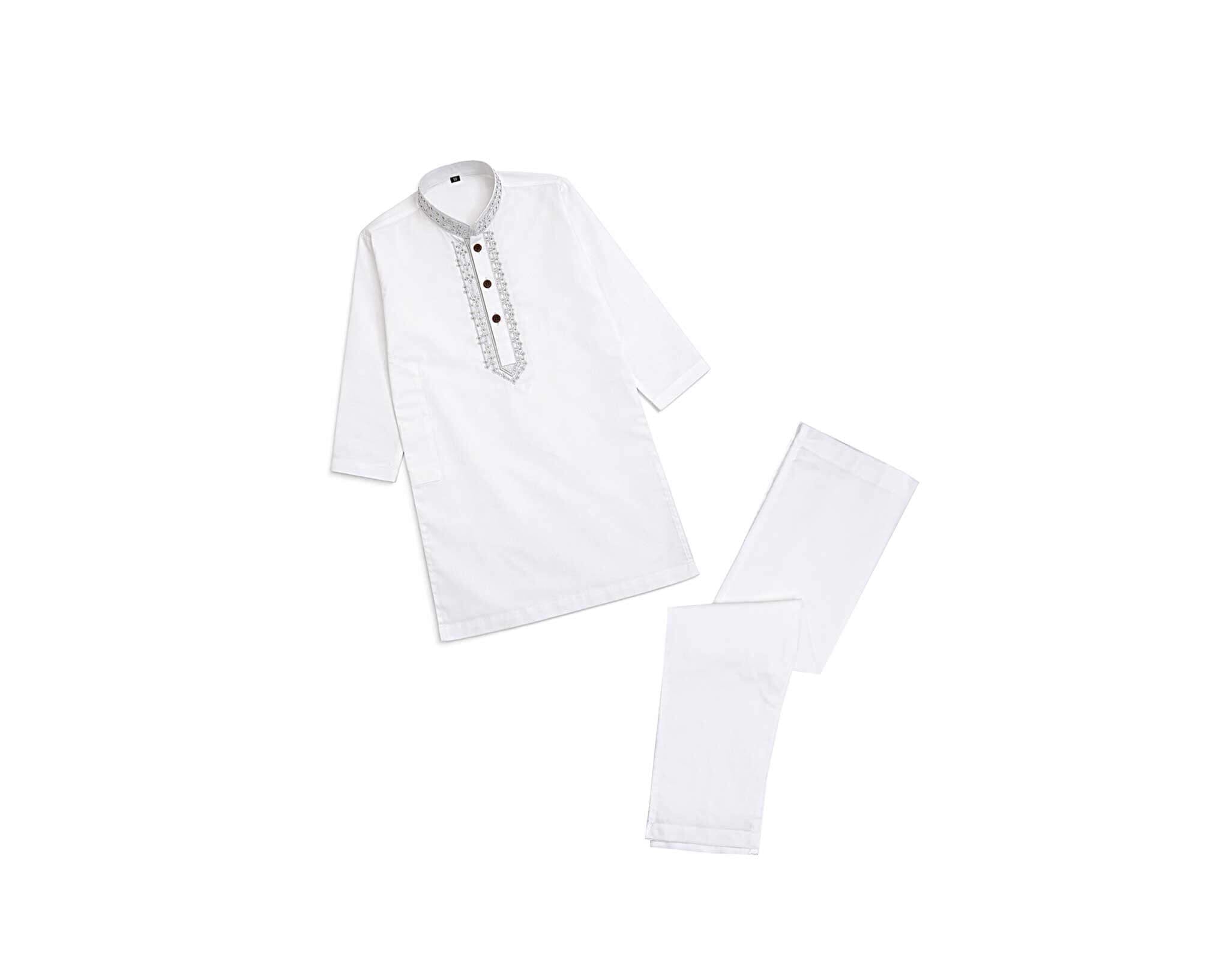 Full Embroidered Stylish Cotton Kurta &amp; Trouser Set – White