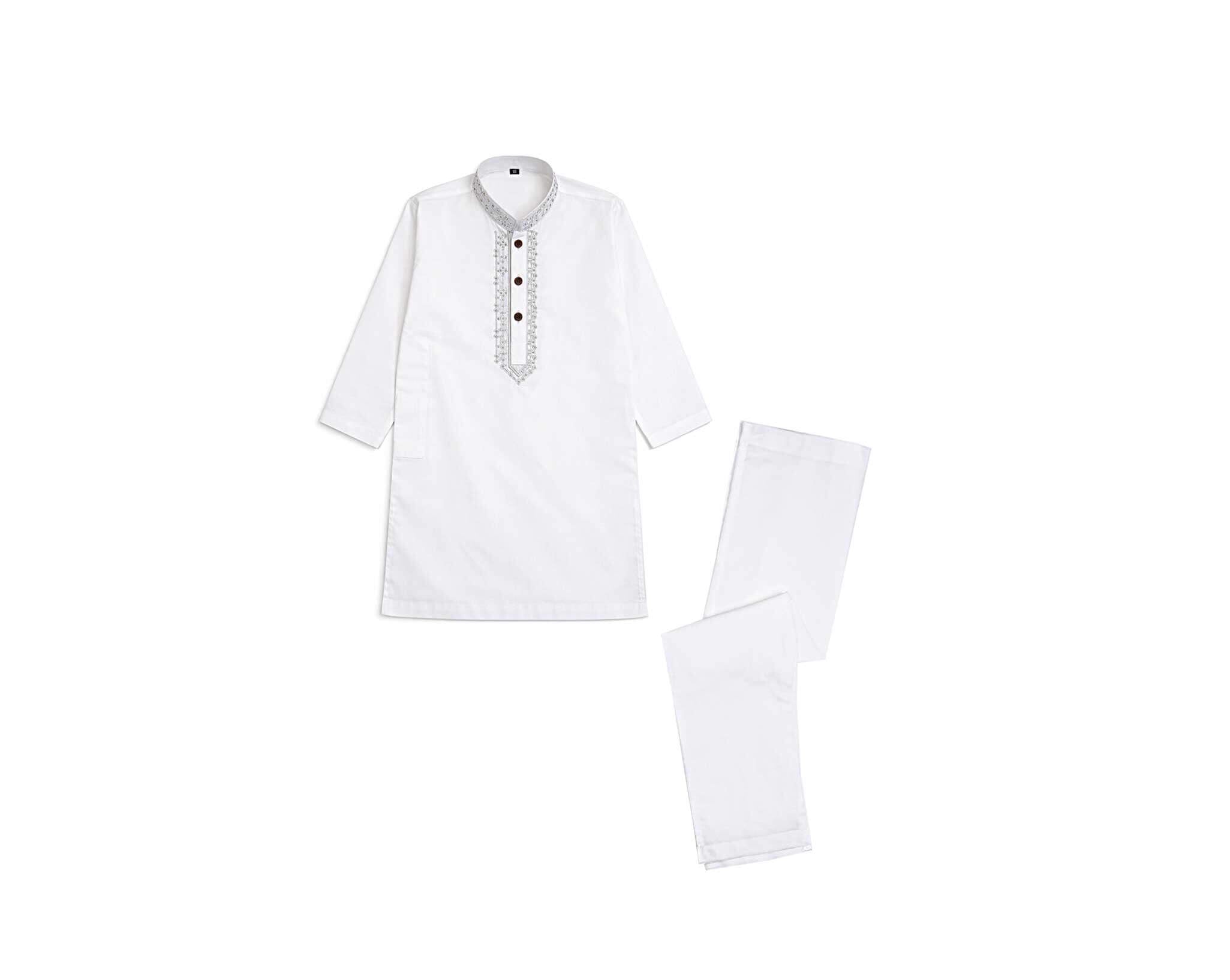 Full Embroidered Stylish Cotton Kurta &amp; Trouser Set – White