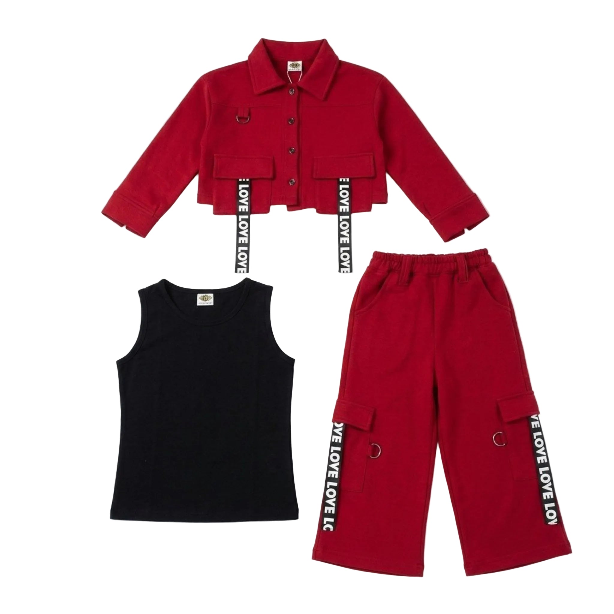 Full Fashion Front Pocket Coat Sleeveless Inner & Baggy Trouser - Red