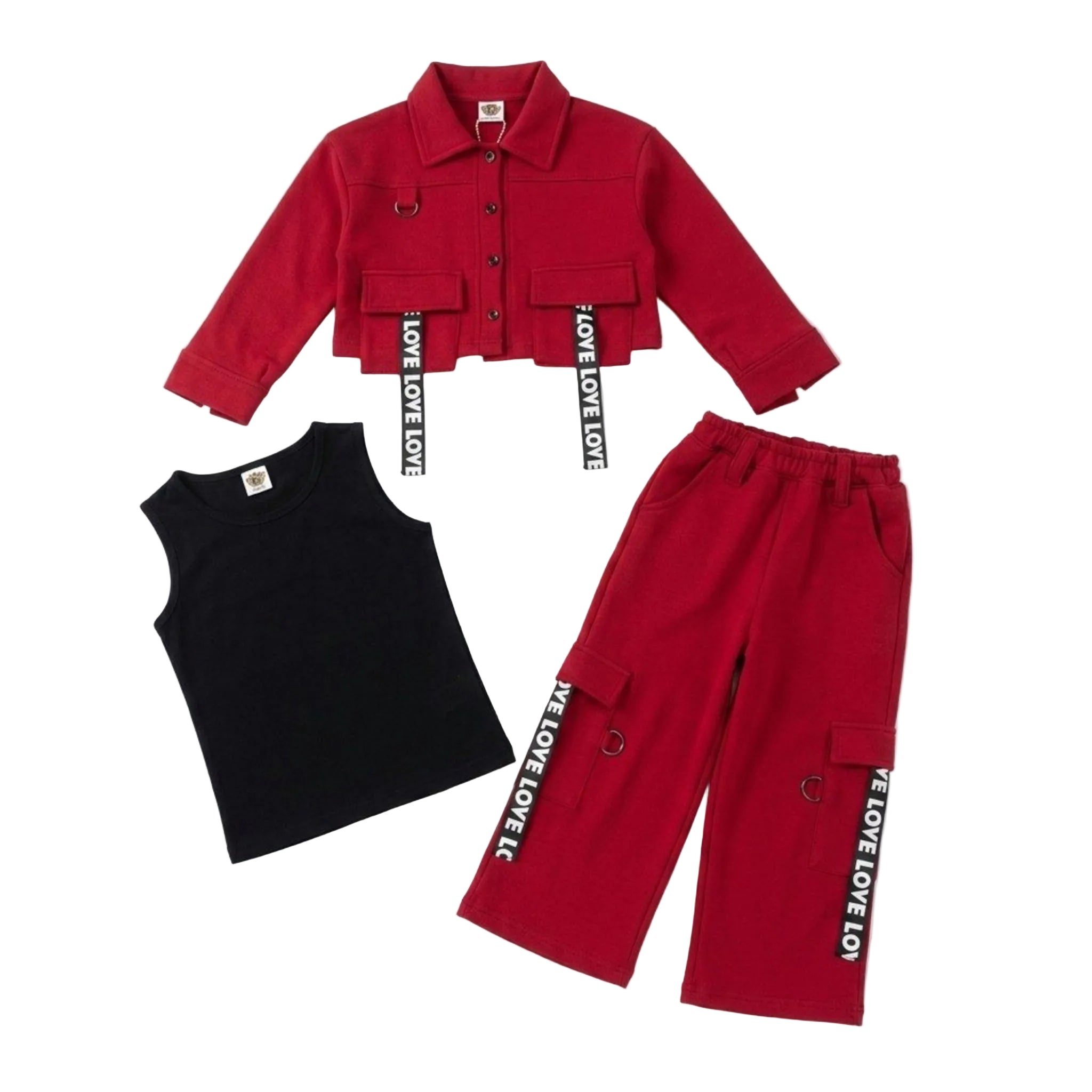 Full Fashion Front Pocket Coat Sleeveless Inner & Baggy Trouser - Red