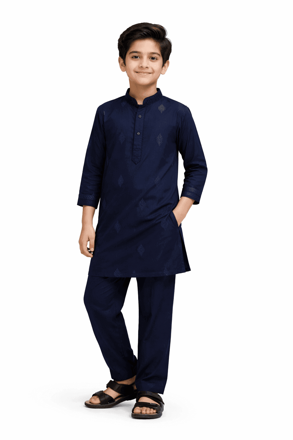 Full Front Embroidered Cotton Kurta & Trouser Set – Navy Blue