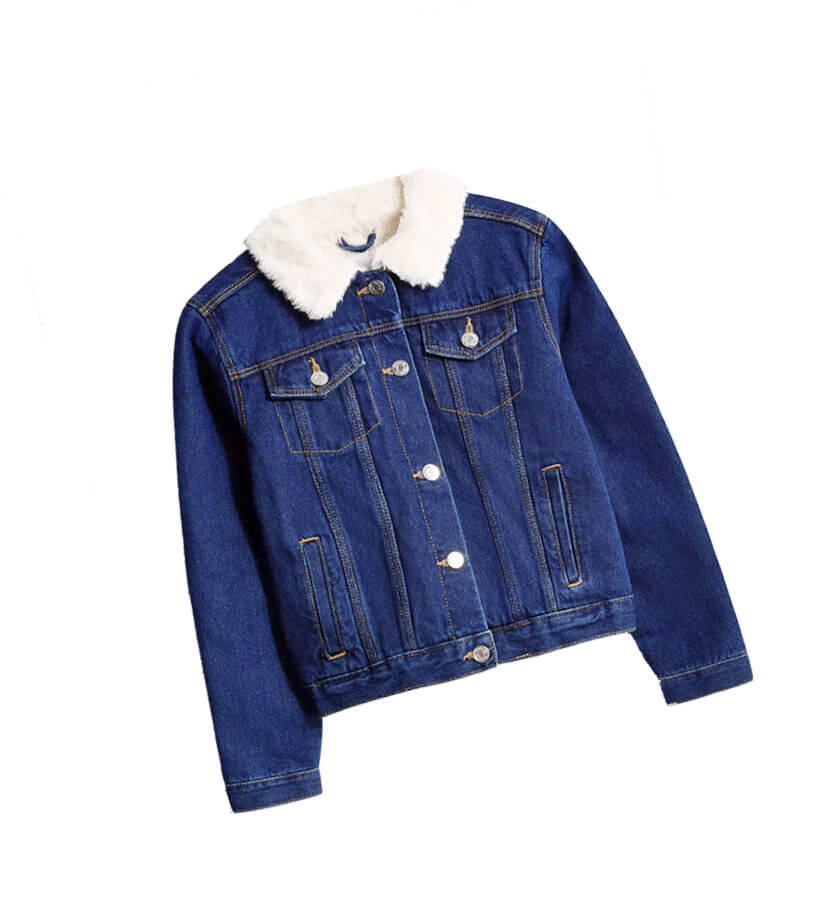 Fur Coller Sherpa Inside warm Denim Jacket - Dark Blue