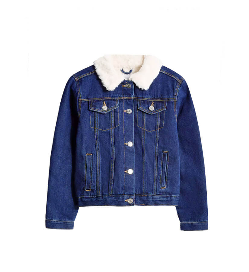 Fur Coller Sherpa Inside warm Denim Jacket - Dark Blue