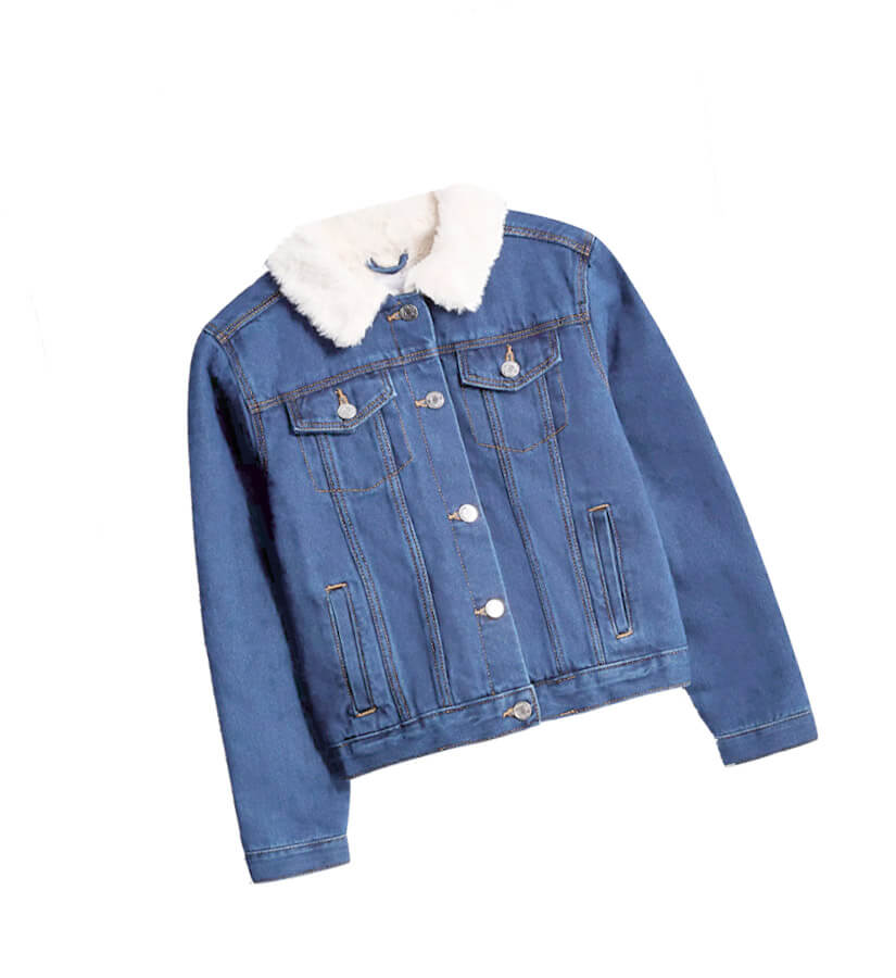 Fur Coller Sherpa Inside warm Denim Jacket - Light Blue