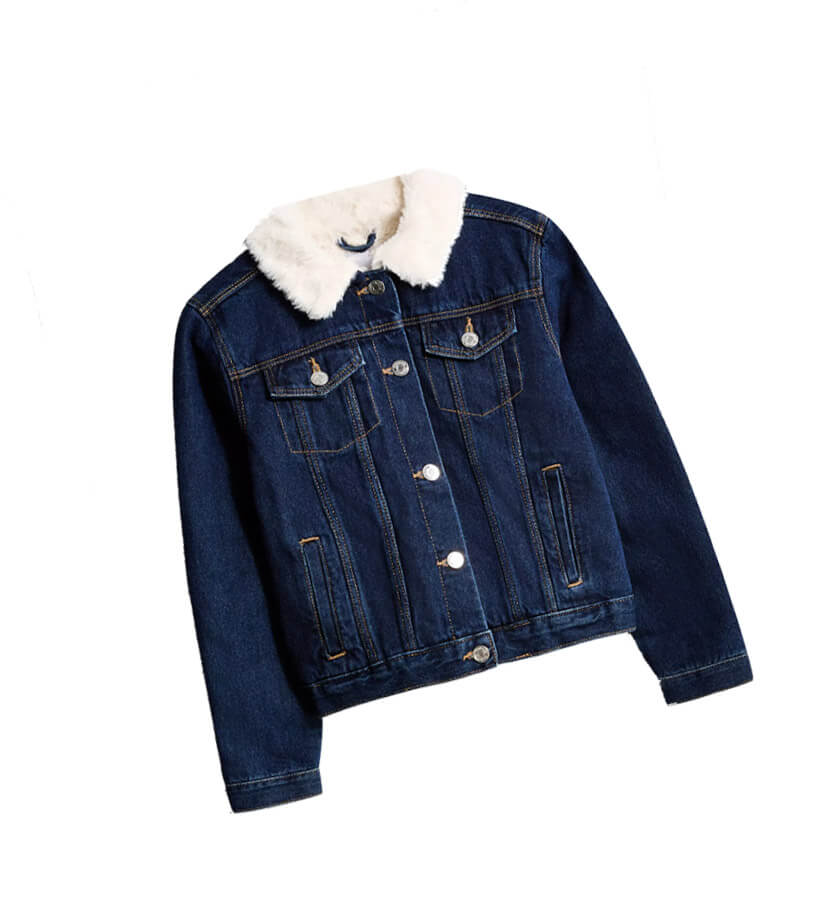 Fur Coller Sherpa Inside warm Denim Jacket - Navy Blue