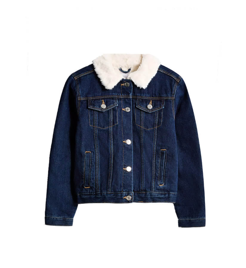 Fur Coller Sherpa Inside warm Denim Jacket - Navy Blue