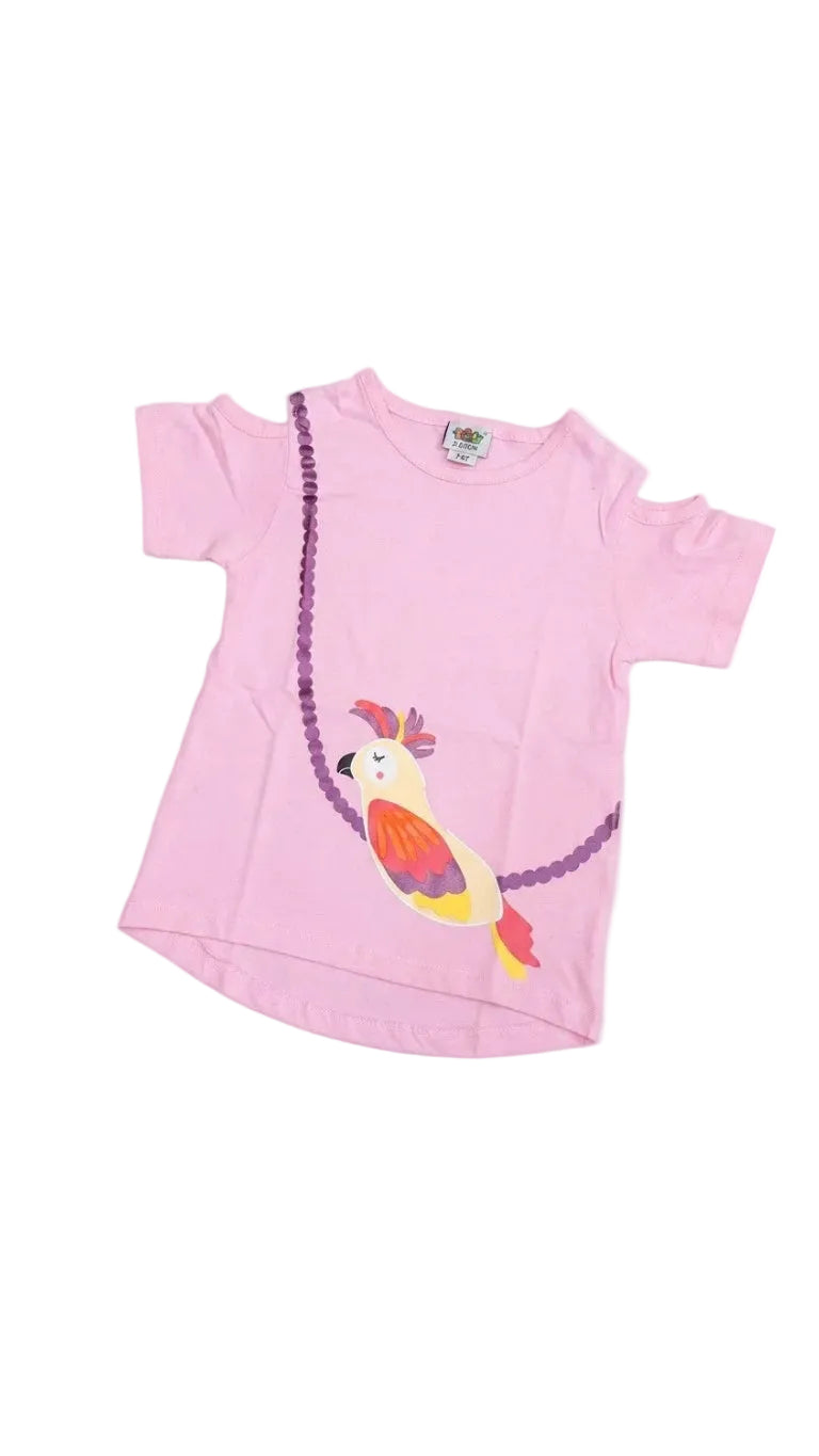 Colorful Parrot Tee Shirt - Baby Pink