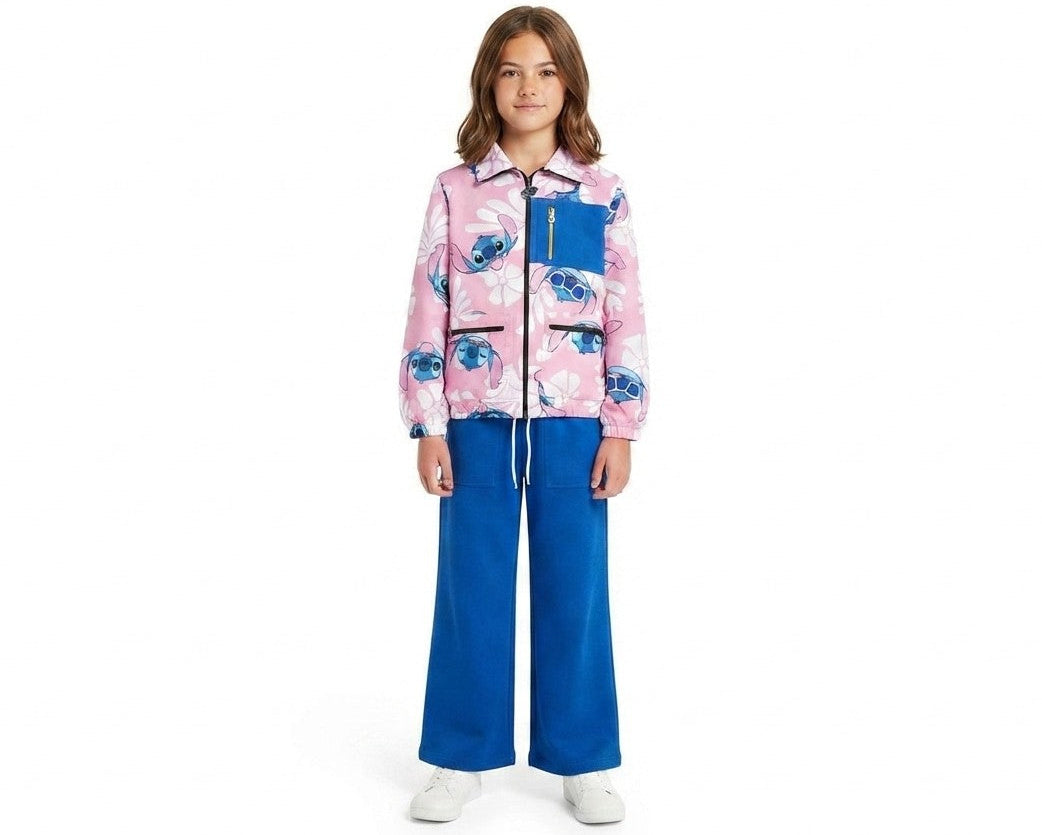 Stitch Zip Pocket Style Terry Mock Neck Sweat &amp; Flare Trouser - Baby Pink &amp; Royal Blue