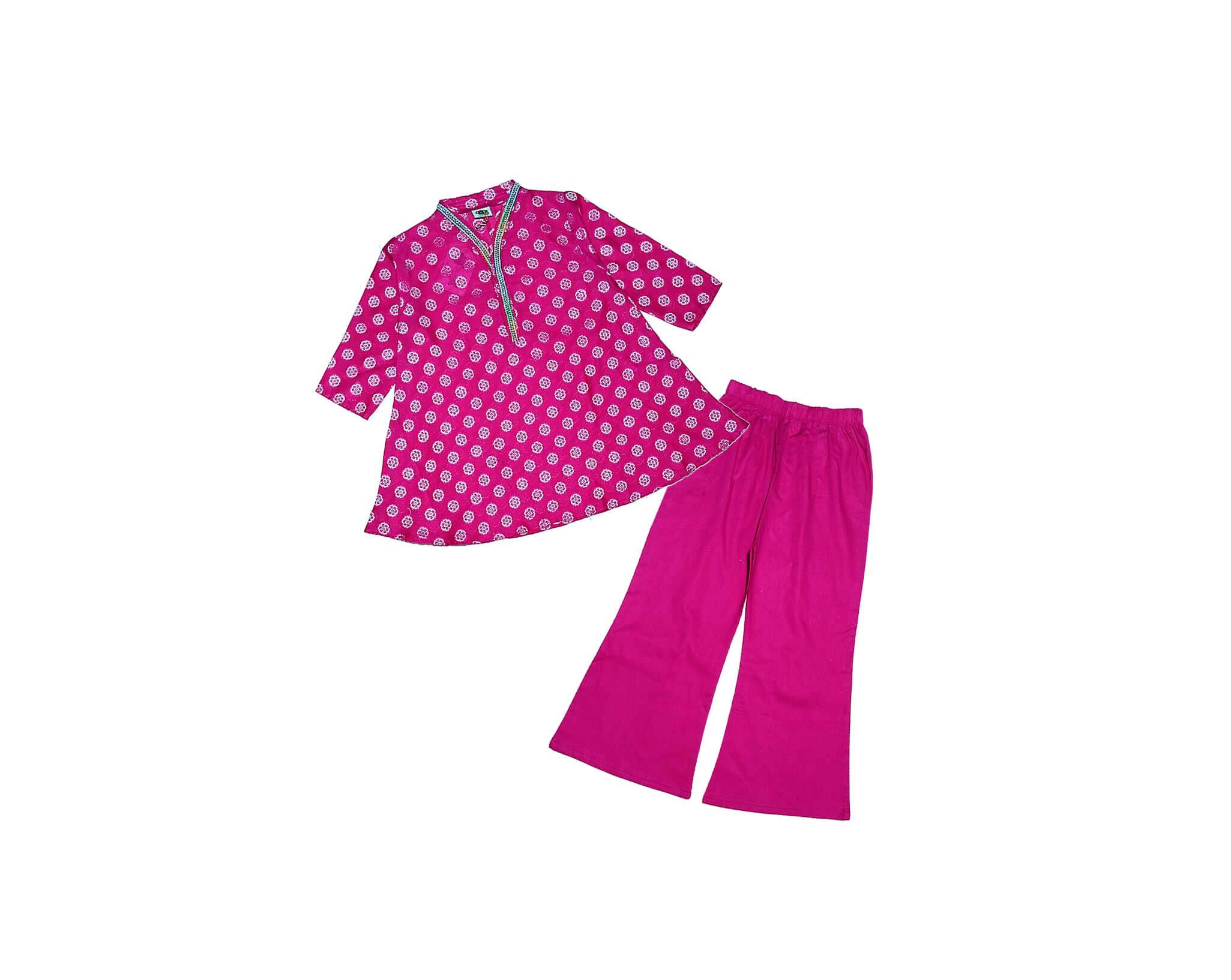 Geomatric Flowers Jacard Umbrella Frock & Flare Trouser - Shocking Pink