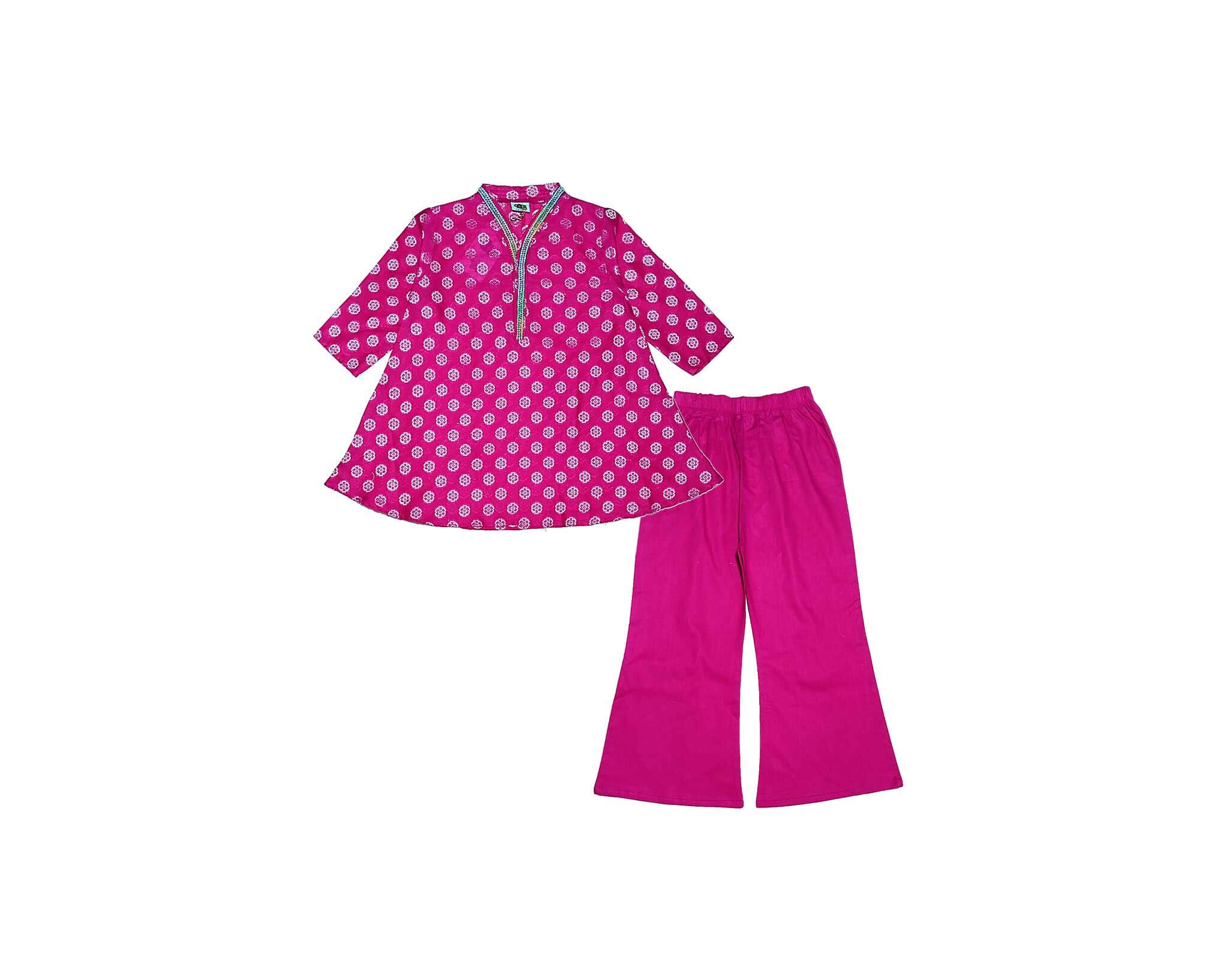Geomatric Flowers Jacard Umbrella Frock & Flare Trouser - Shocking Pink