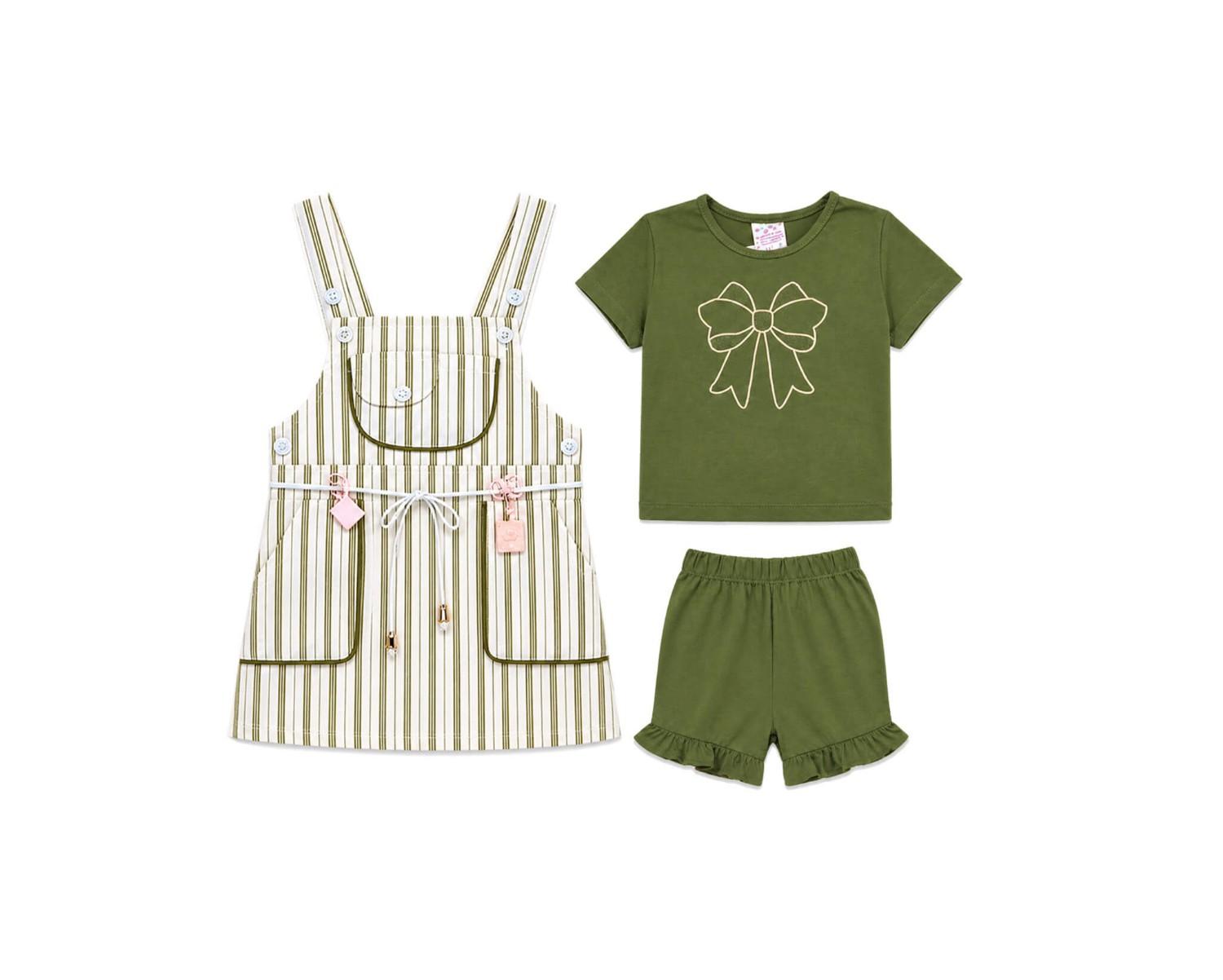 GirlThreePcjumperTShirtWithBow_Short-White_OliveGreen