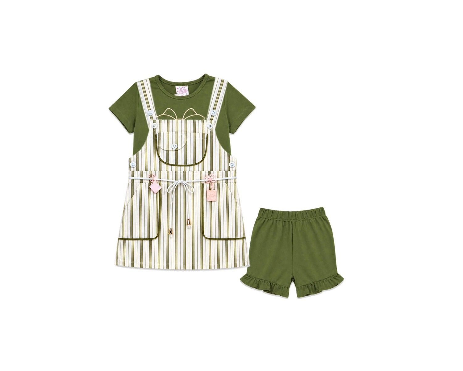 GirlThreePcjumperTShirtWithBow_Short-White_OliveGreen_1