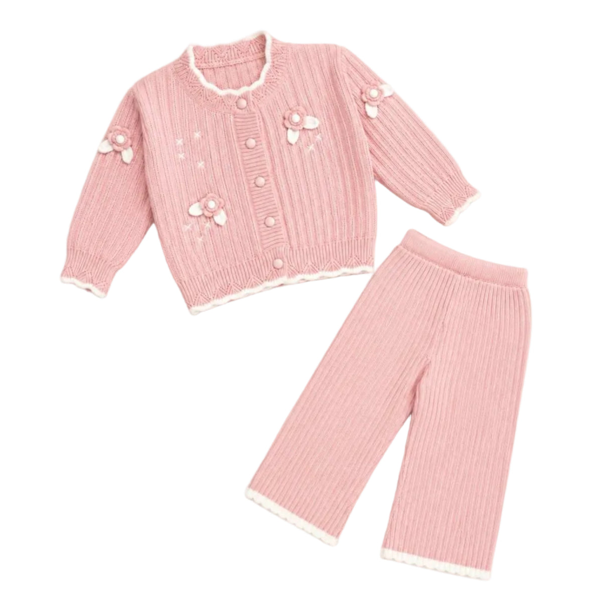 Girl Knit Floral Design Sweater Full Fleece Shirt & Trouser - Peach