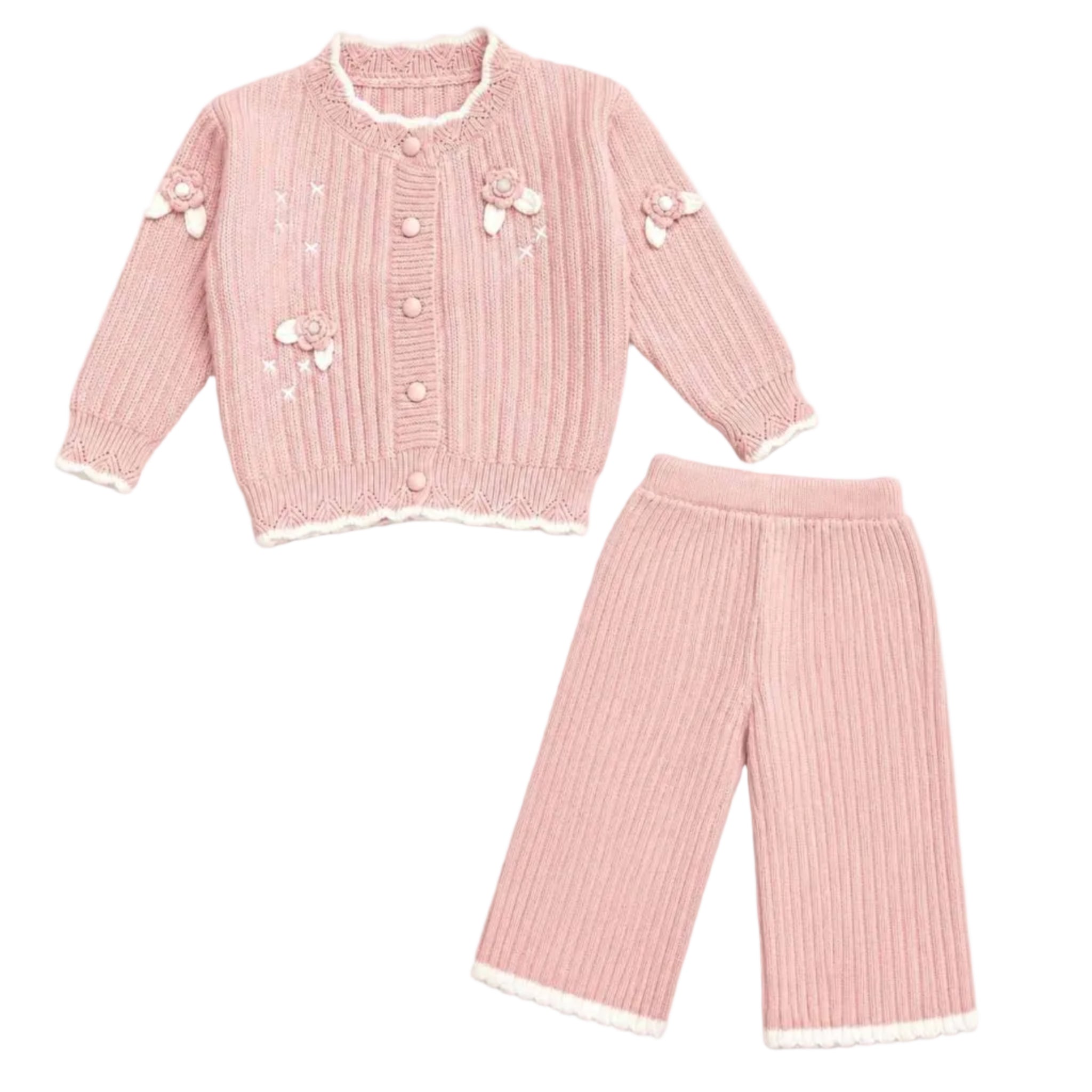Girl Knit Floral Design Sweater Full Fleece Shirt & Trouser - Peach