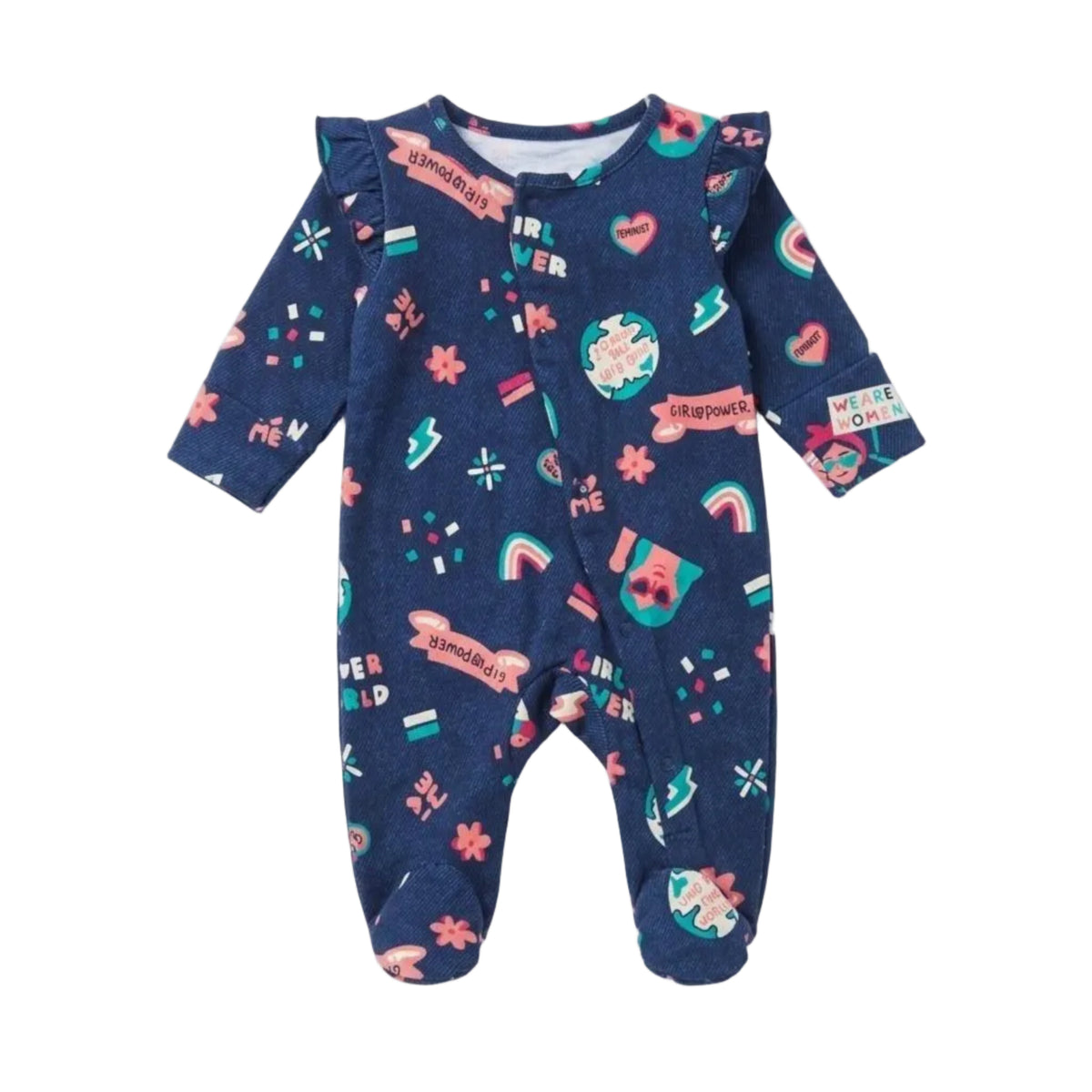 Girl Power Print Footed Romper with Shoulder Ruffles - Navy Blue 