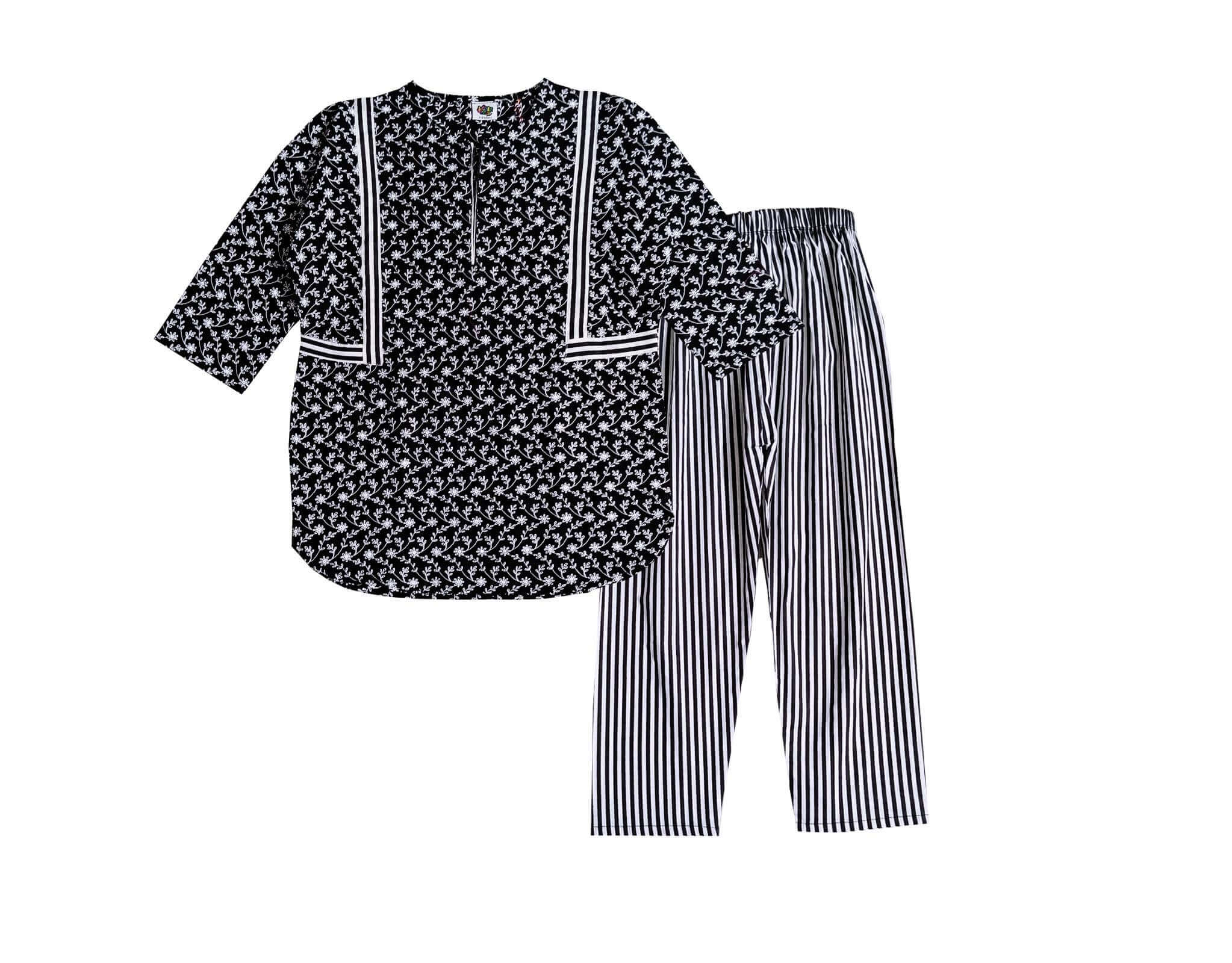 Girls Baggy Cotton Embroidered Kurta &amp; Trouser - Black