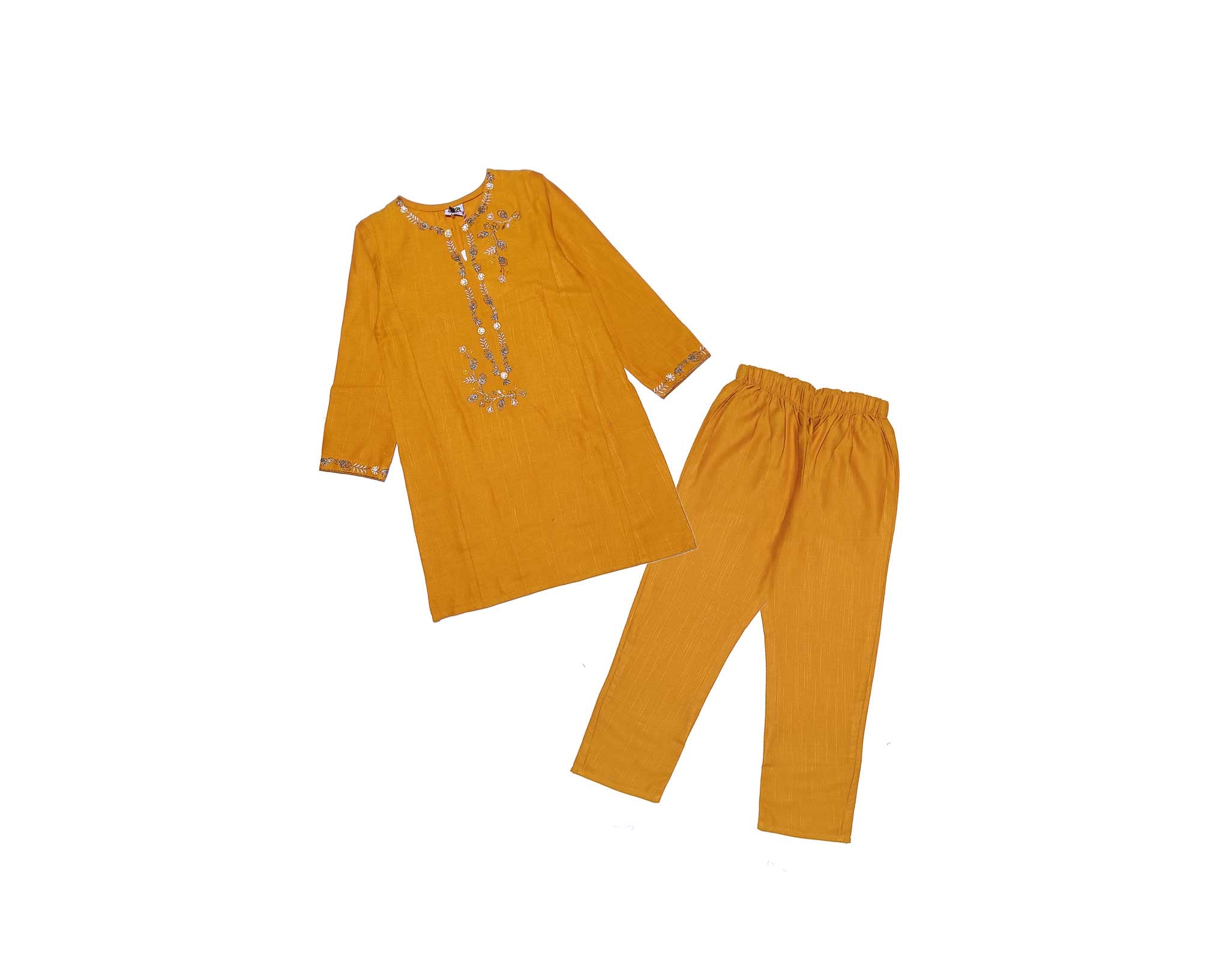 Girls Golden Floral Emb Khaddar 2pcs Suit  - Mustard