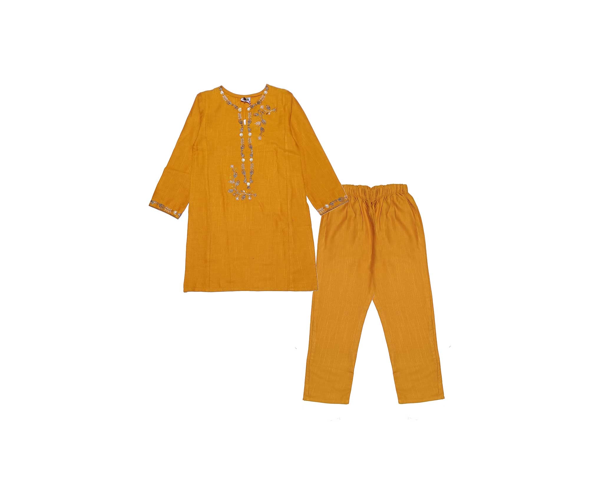 Girls Golden Floral Emb Khaddar 2pcs Suit  - Mustard