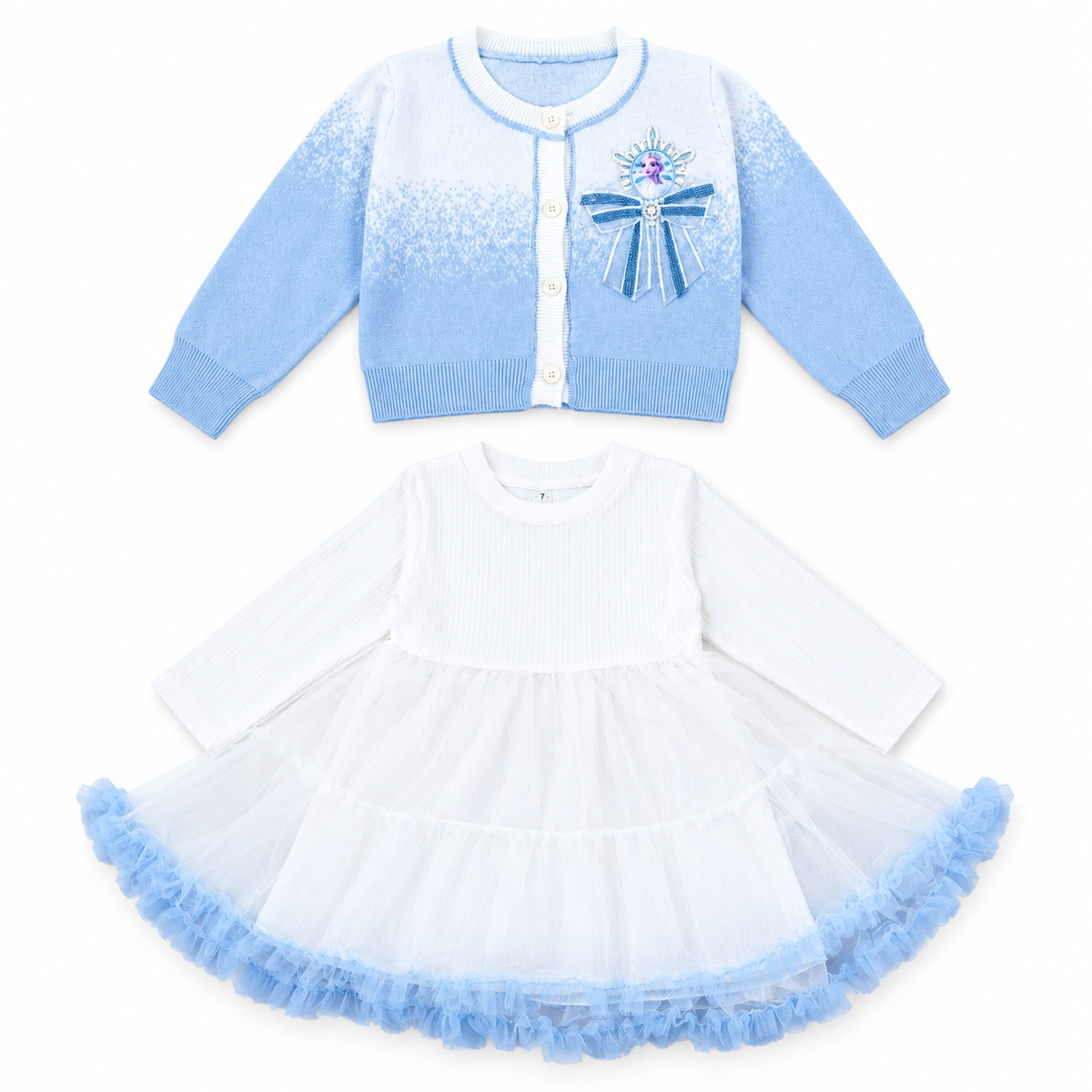 Girls Winter Princess Sky Blue Top Layered Frock - White & Blue