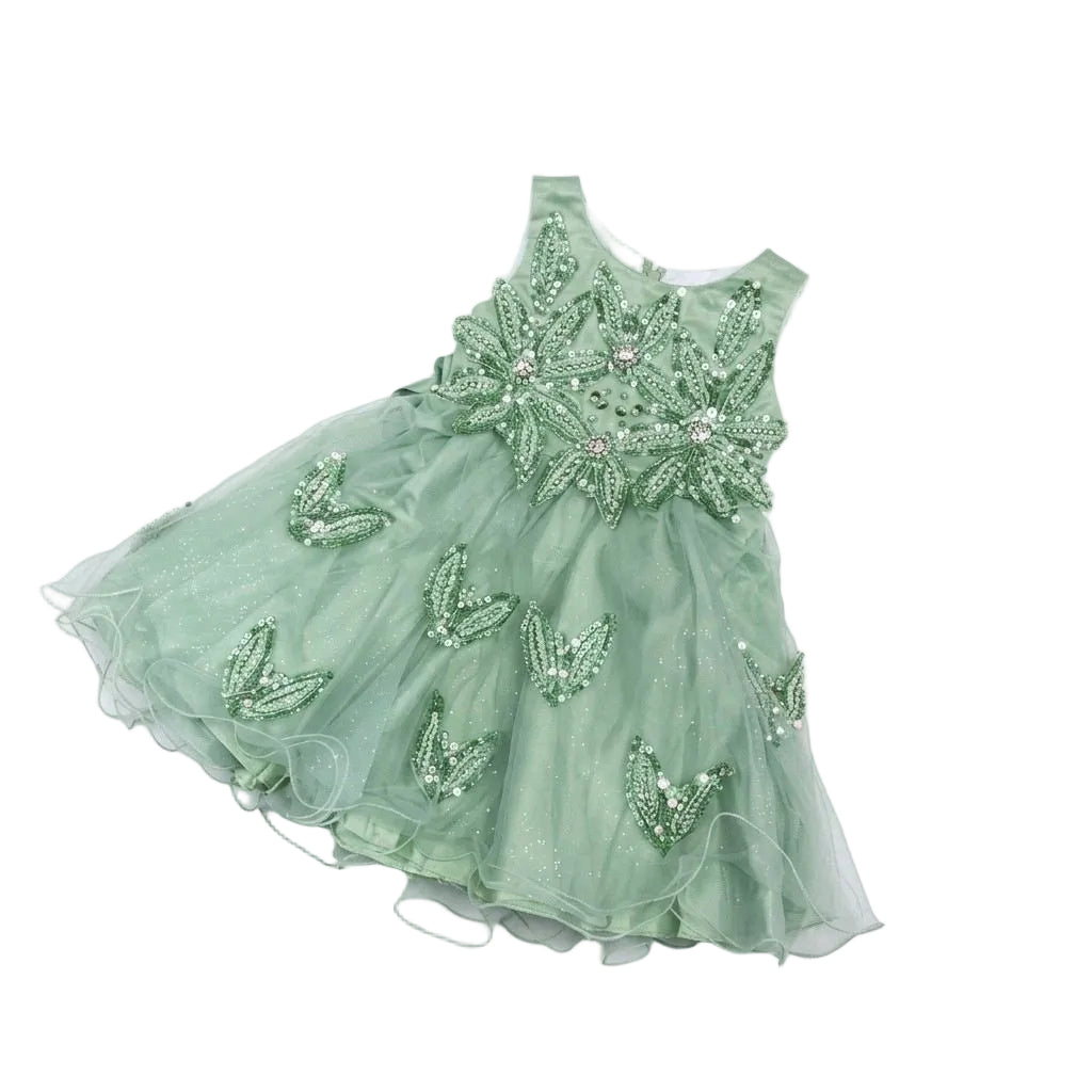 Girls 3D Floral Net Frock - Green